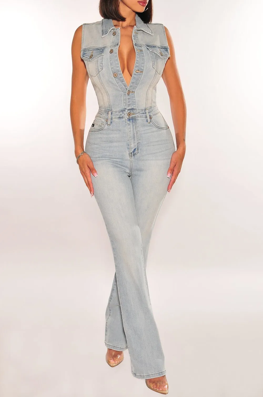 Denim Sleeveless Collared Button Up Jumpsuit