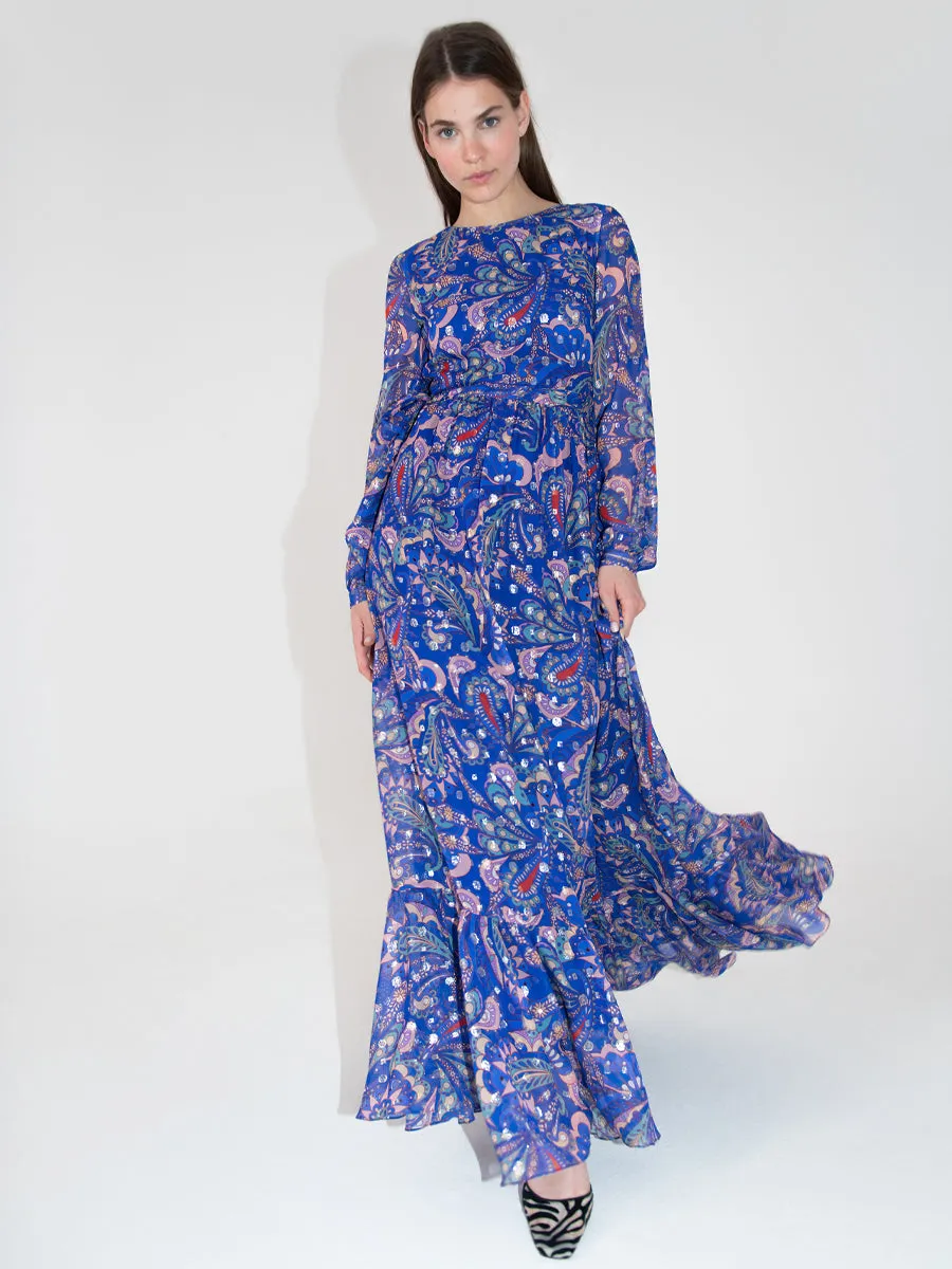 Dianora Chiffon Long Sleeved Maxi Dress - Paisley Blue