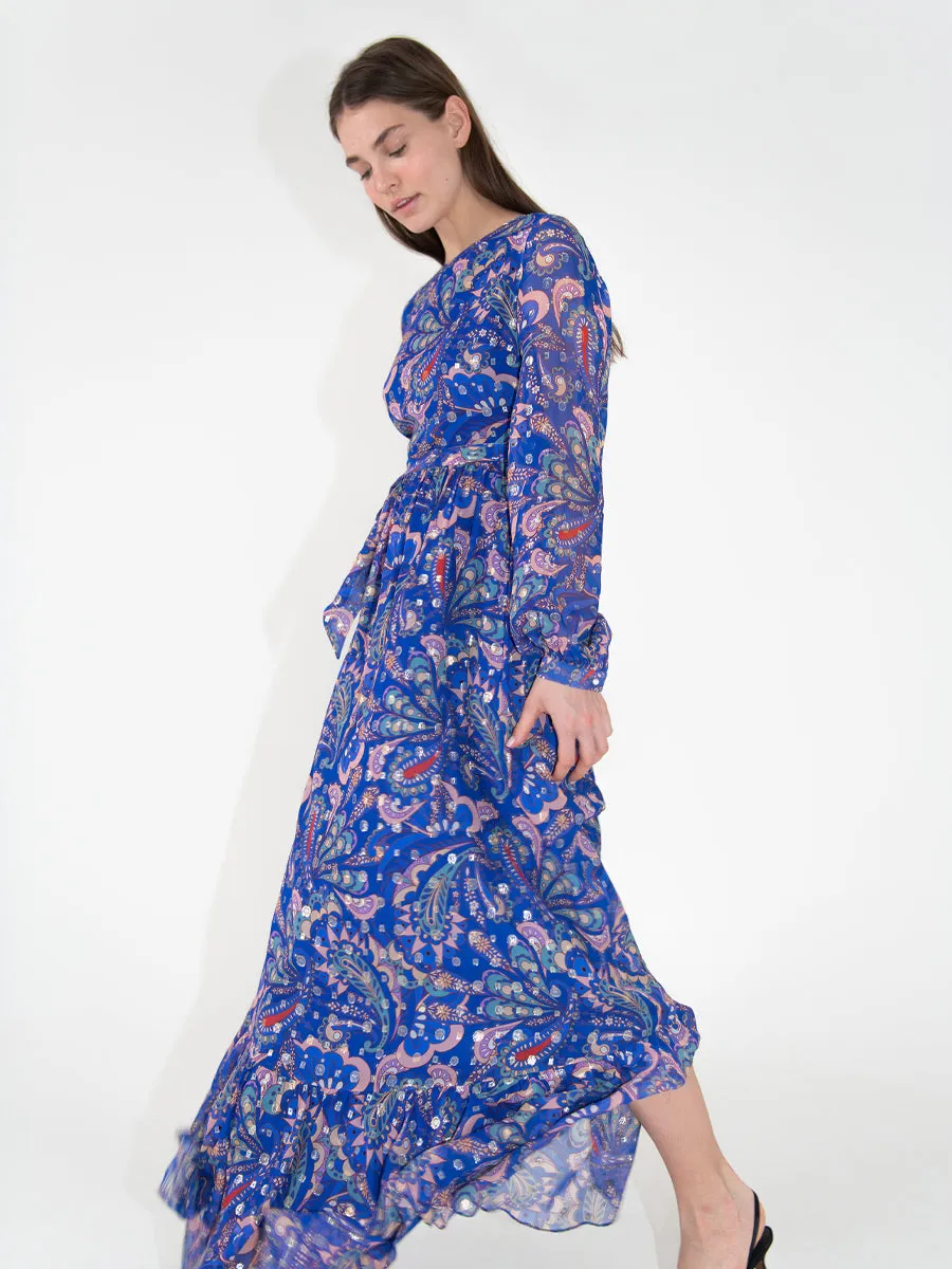 Dianora Chiffon Long Sleeved Maxi Dress - Paisley Blue