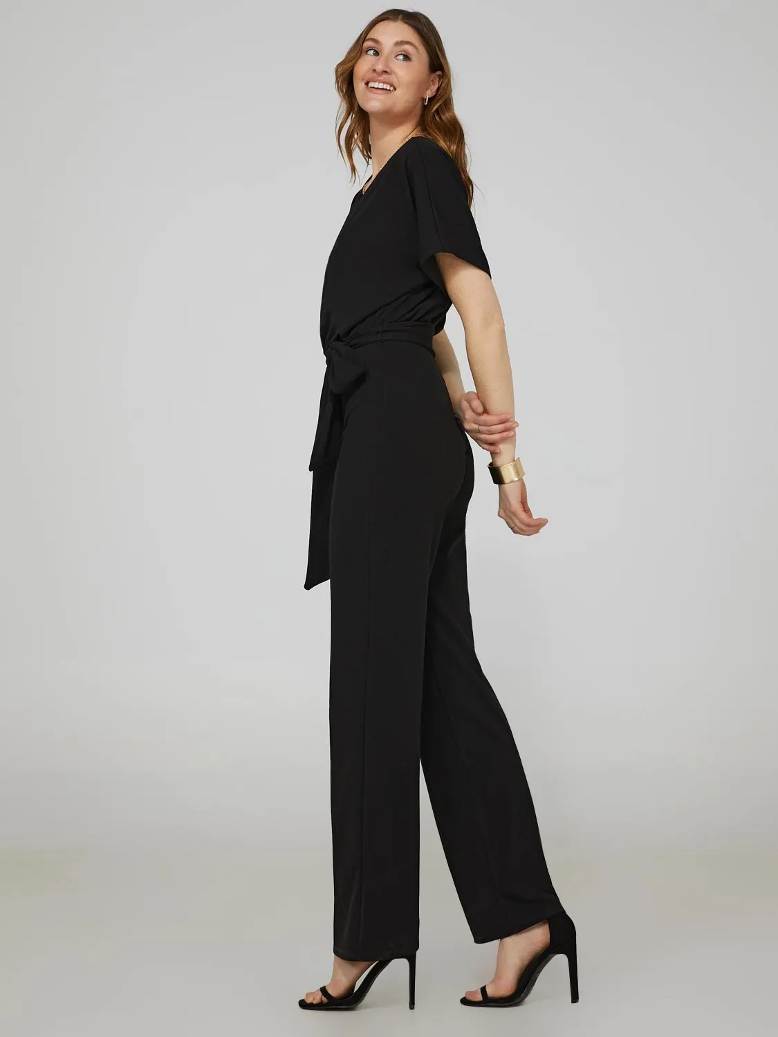 Dolman Sleeve V-Front Wide Leg Jumpsuit