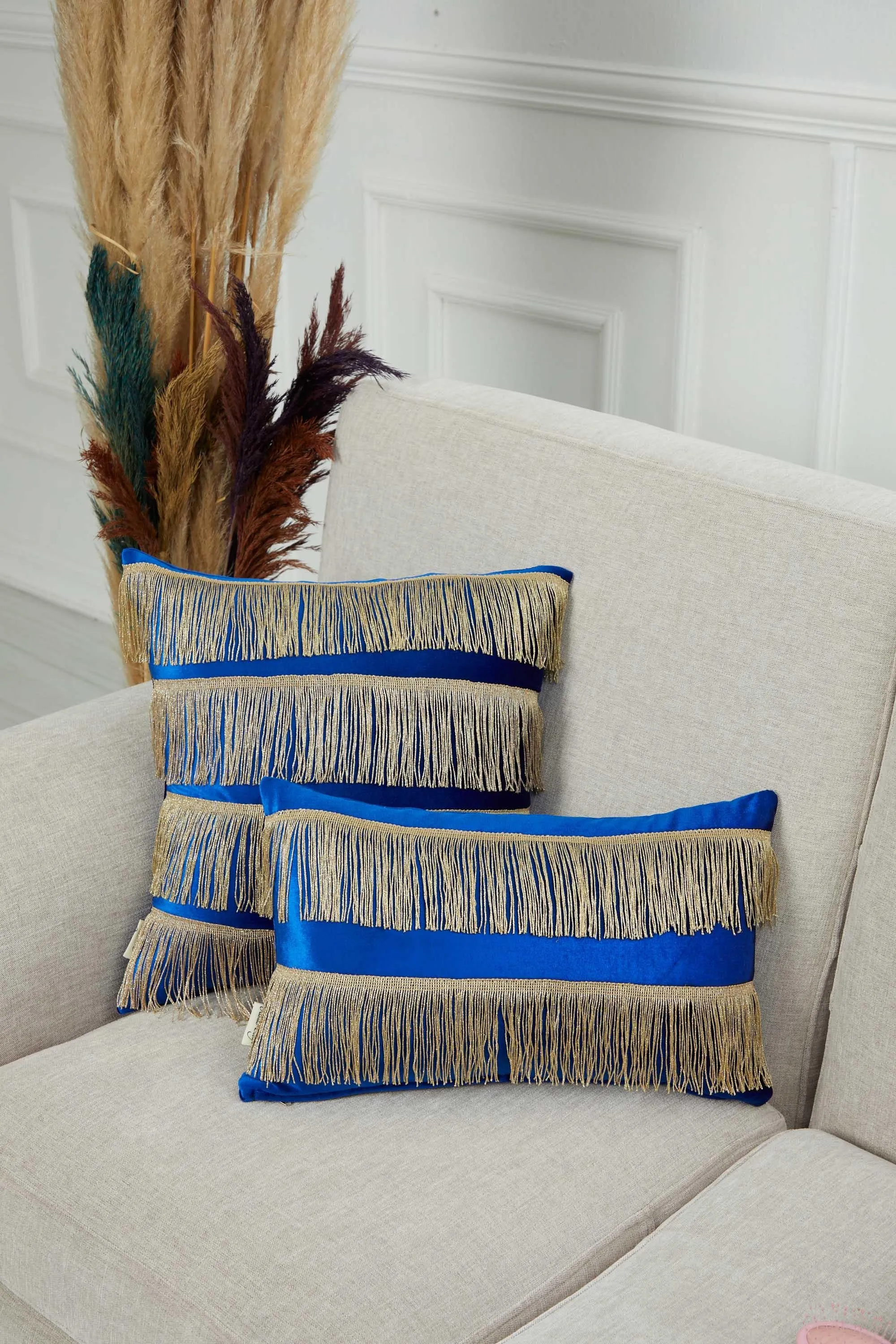 Double Lane Fringed Throw Pillow Cover, 20x12 Inches Large Decorative Pillow Cover for New Home Gift, Modern Home Pillow Designs,K-353