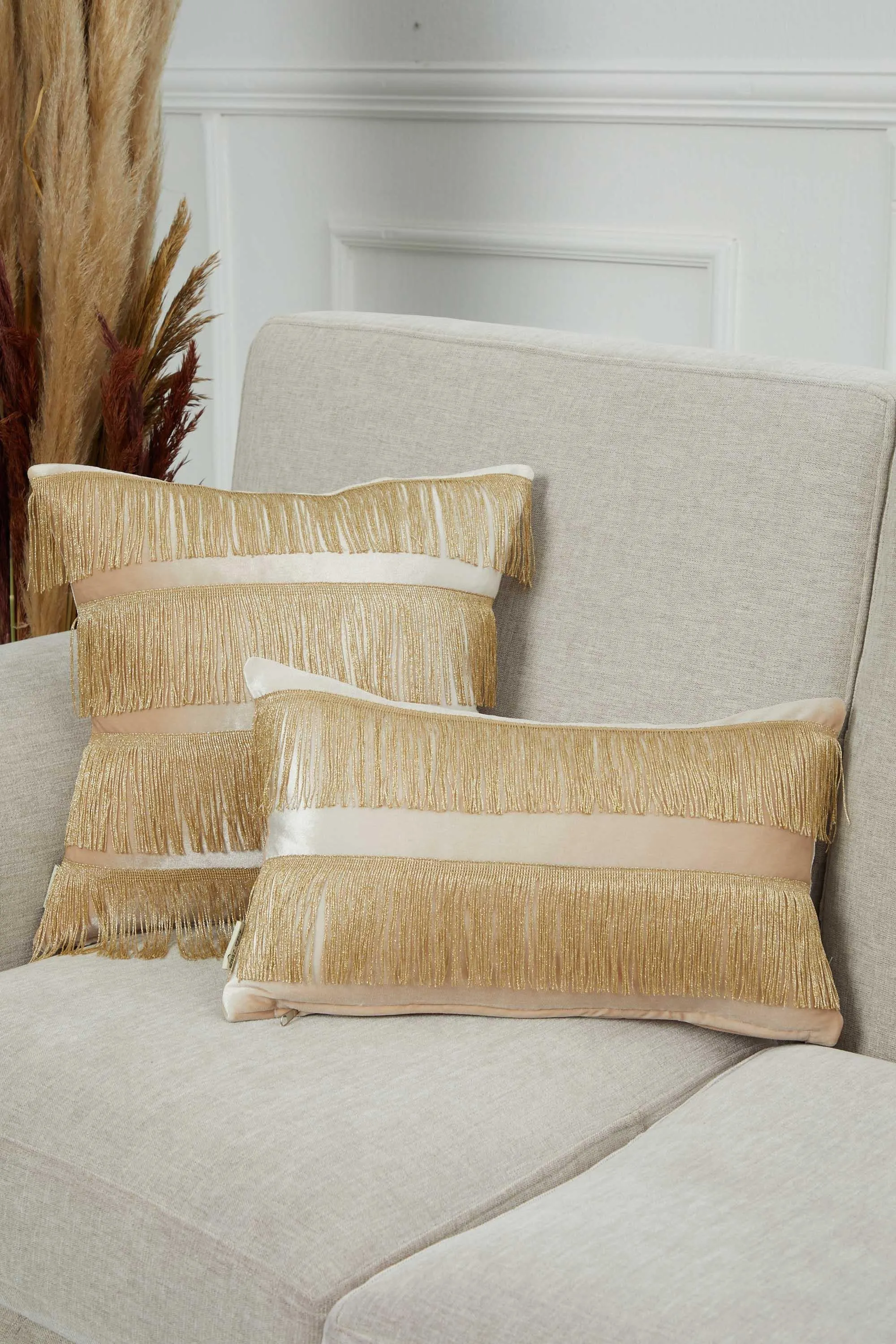 Double Lane Fringed Throw Pillow Cover, 20x12 Inches Large Decorative Pillow Cover for New Home Gift, Modern Home Pillow Designs,K-353