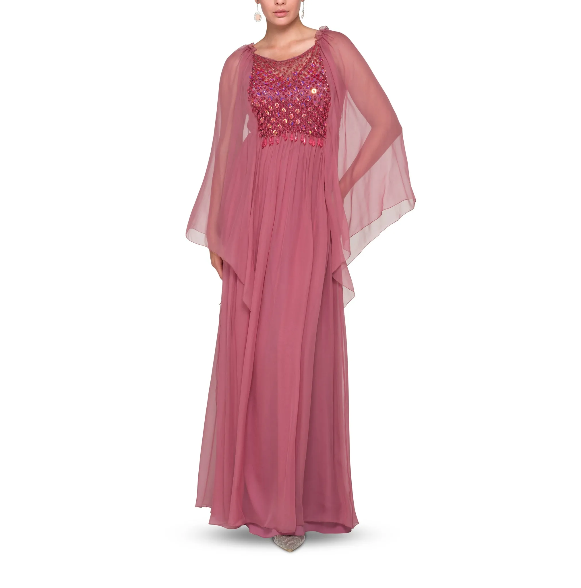 Dress In Organic Chiffon With Embroidery