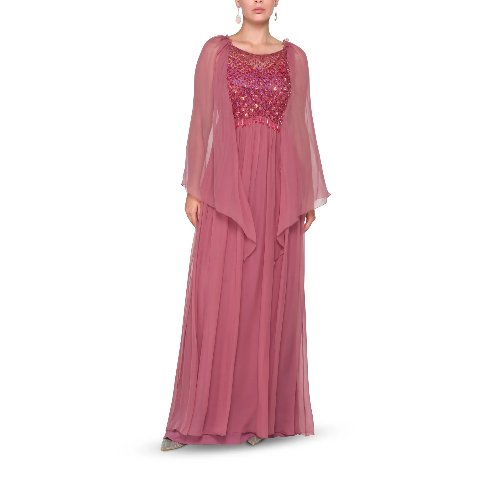 Dress In Organic Chiffon With Embroidery