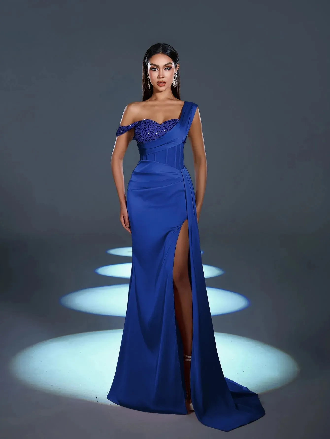 Elegant Asymmetrical Neck Split Mermaid Hem Satin Evening Dress