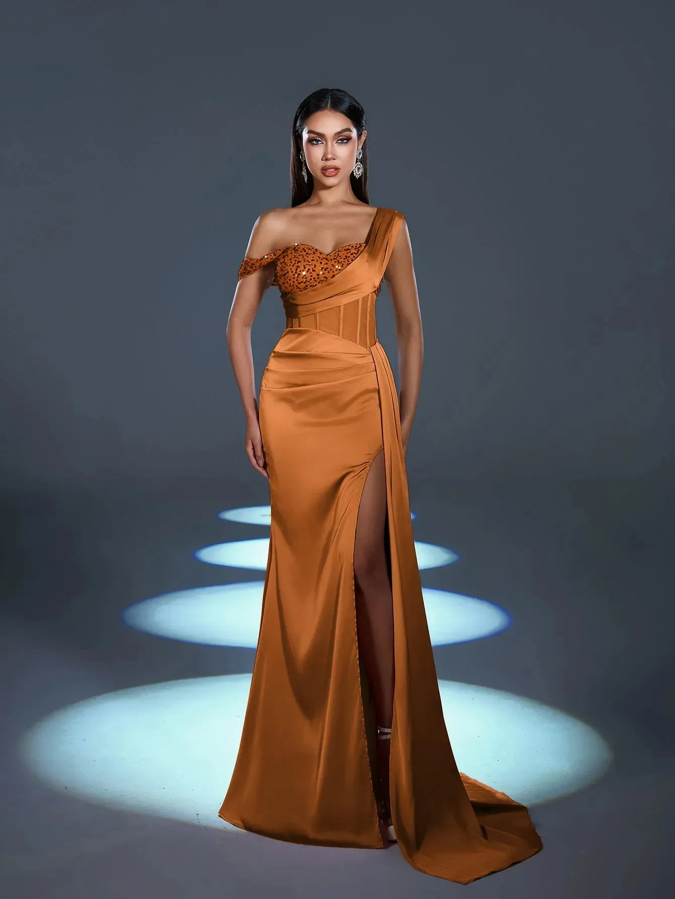 Elegant Asymmetrical Neck Split Mermaid Hem Satin Evening Dress