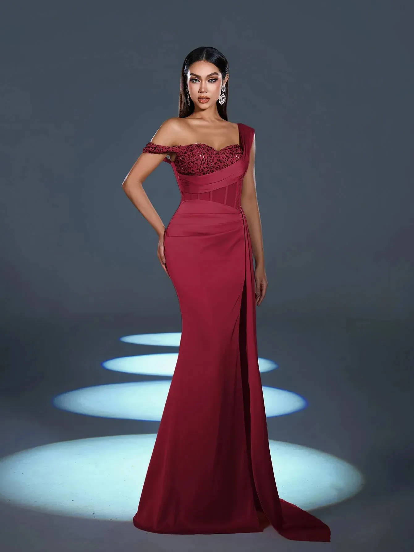 Elegant Asymmetrical Neck Split Mermaid Hem Satin Evening Dress