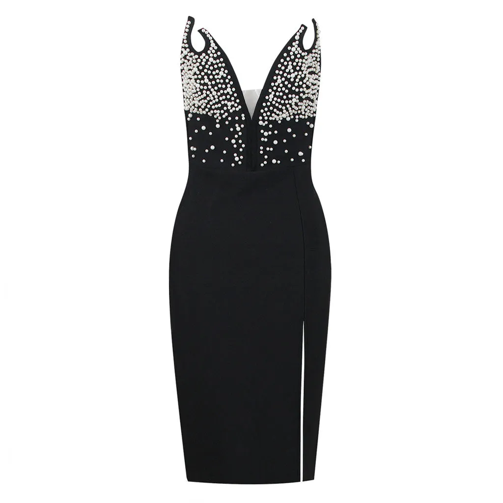 Elegant Faux Pearl Beaded Plunging Neck Side Slit Midi Bandage Dress - Black