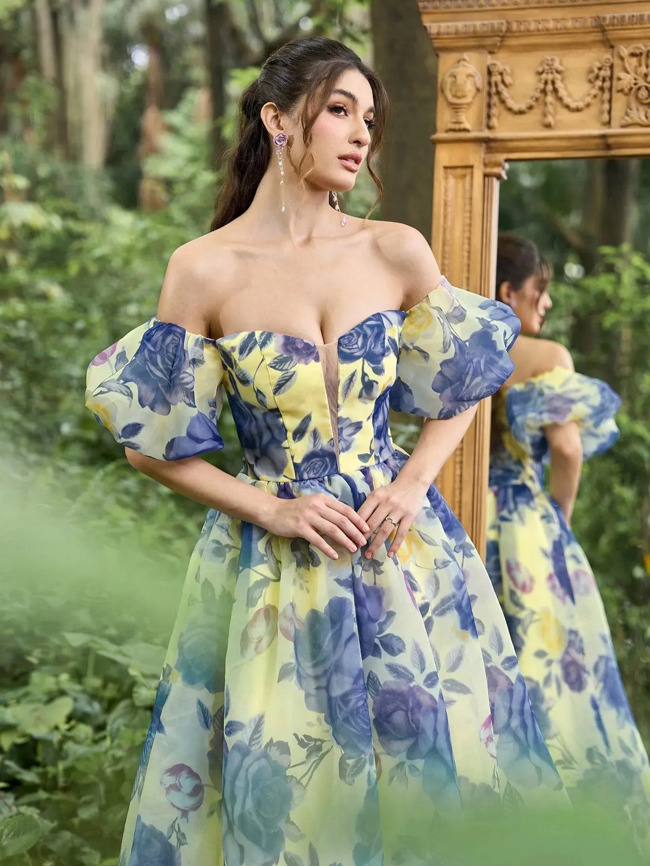 Elegant Floral Organza Off Shoulder Puff Sleeves Evening Dress