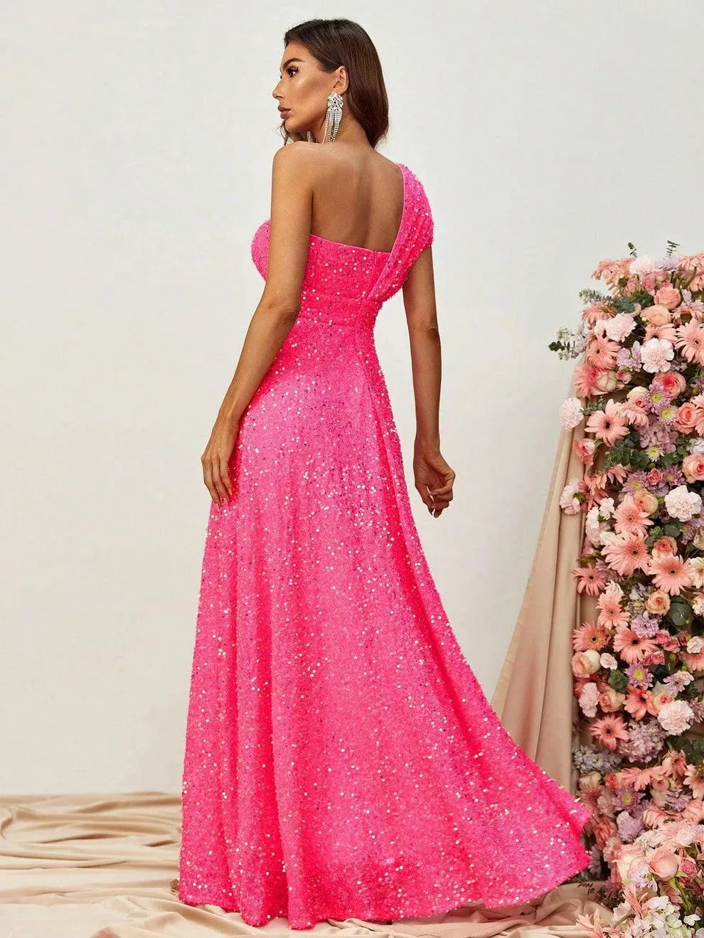 Elegant One Shoulder Sequin A Line Dresses