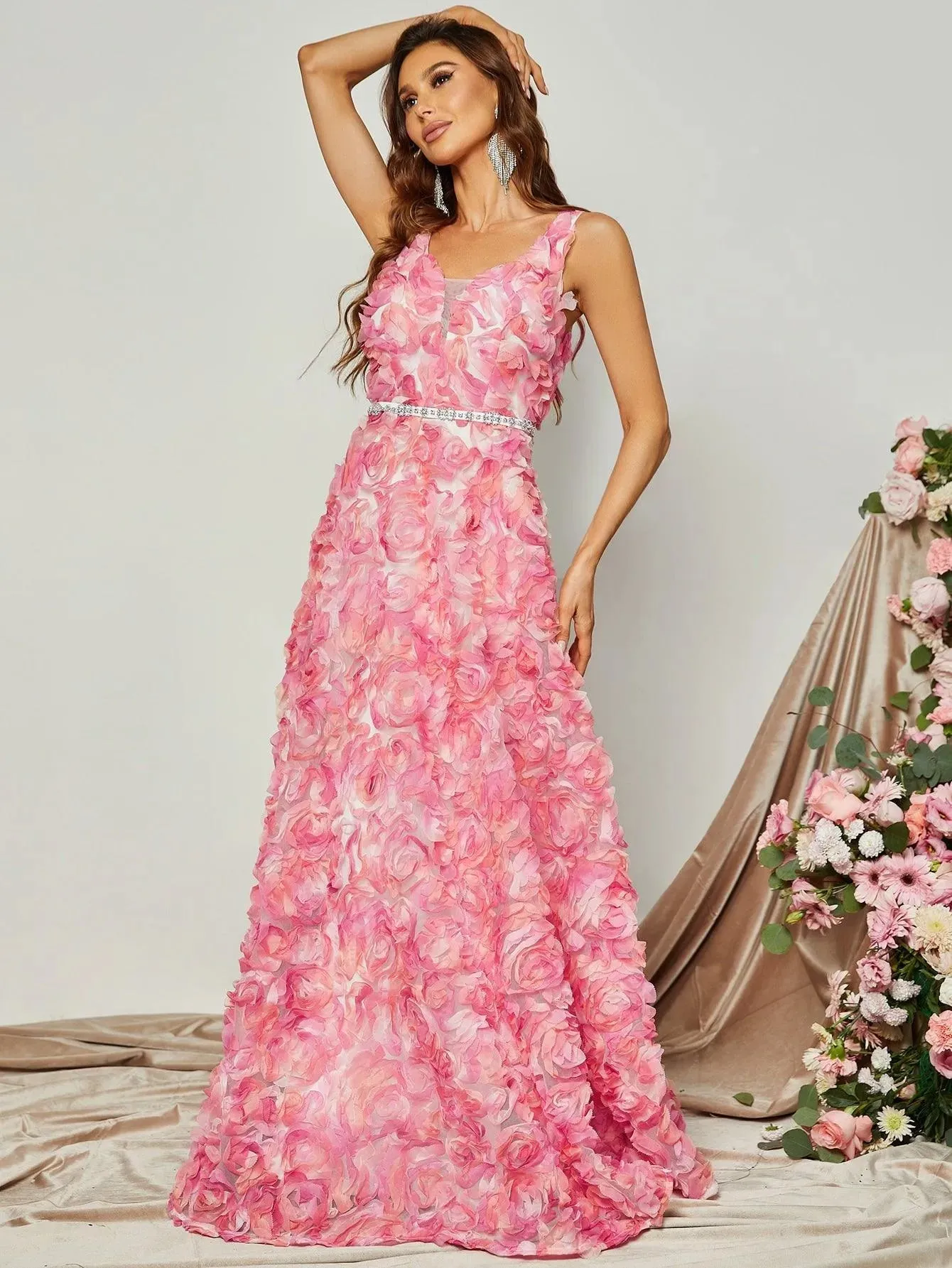 Elegant Scoop Neck Sleeveless 3D Flower A-Line Dresses