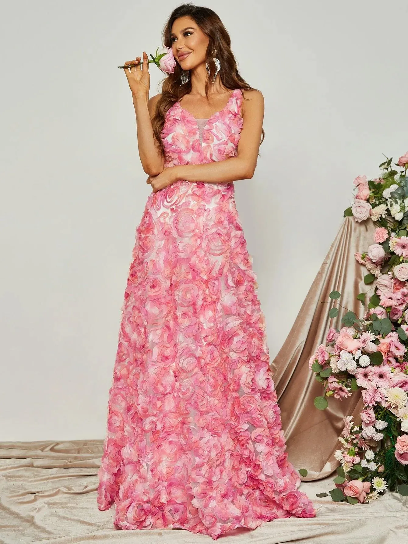 Elegant Scoop Neck Sleeveless 3D Flower A-Line Dresses