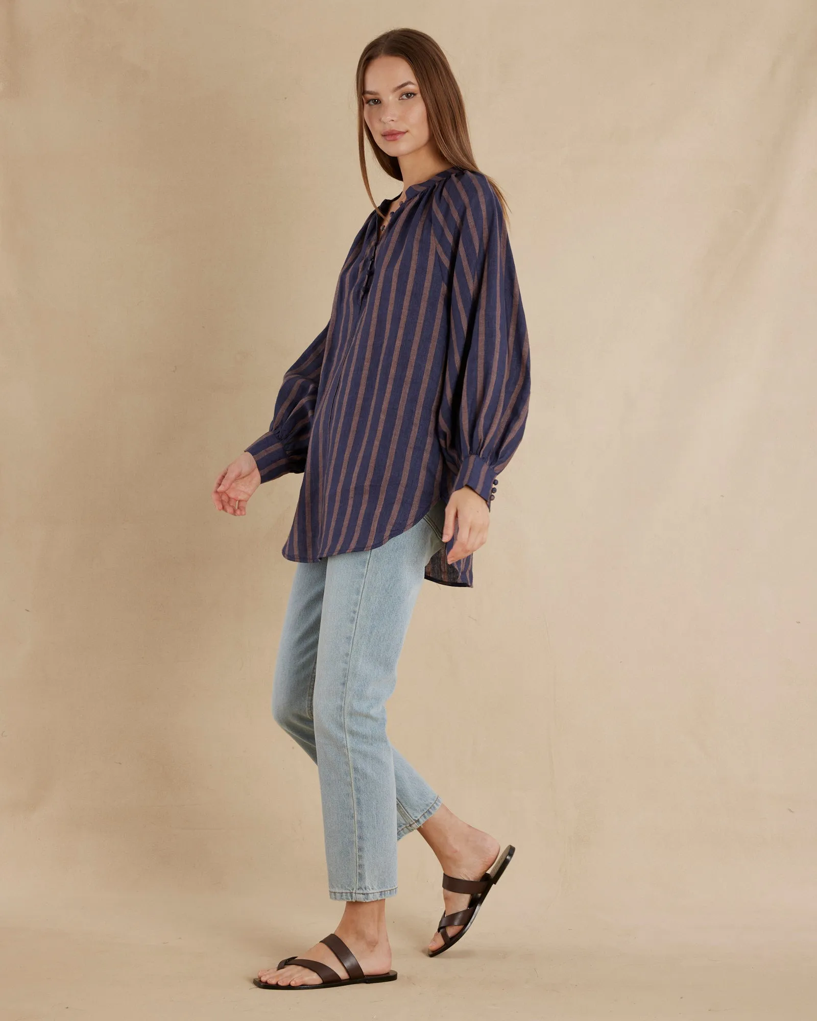 Estelle Linen Tunic Blouse - Navy