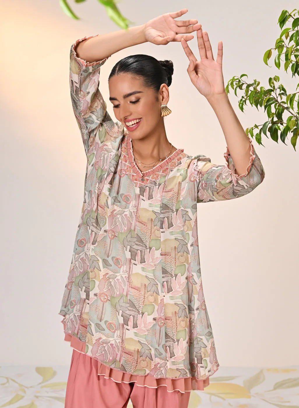 Falak Multicoloured Grey Printed Chiffon Tunic Set for Women