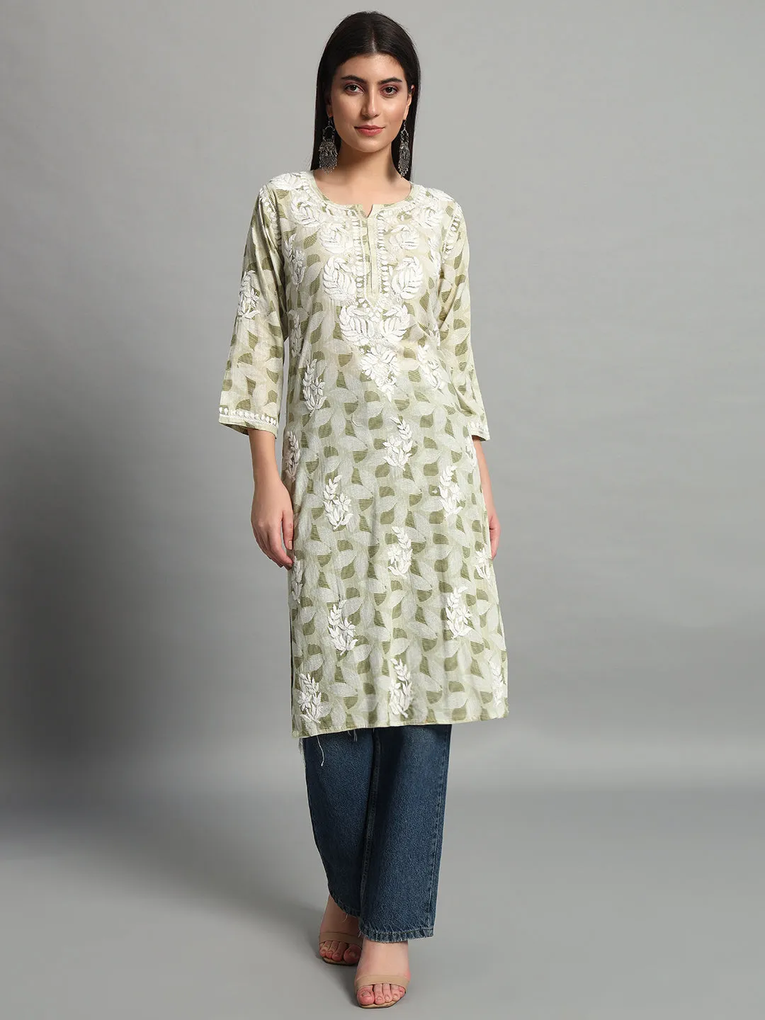 Fashionable Chikan Handikraft Chikankari Kurta for Women Cotton Printed & Embroidered Straight Kurti