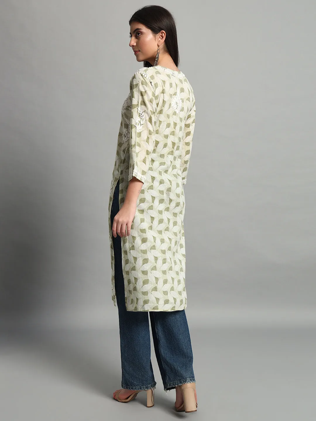 Fashionable Chikan Handikraft Chikankari Kurta for Women Cotton Printed & Embroidered Straight Kurti