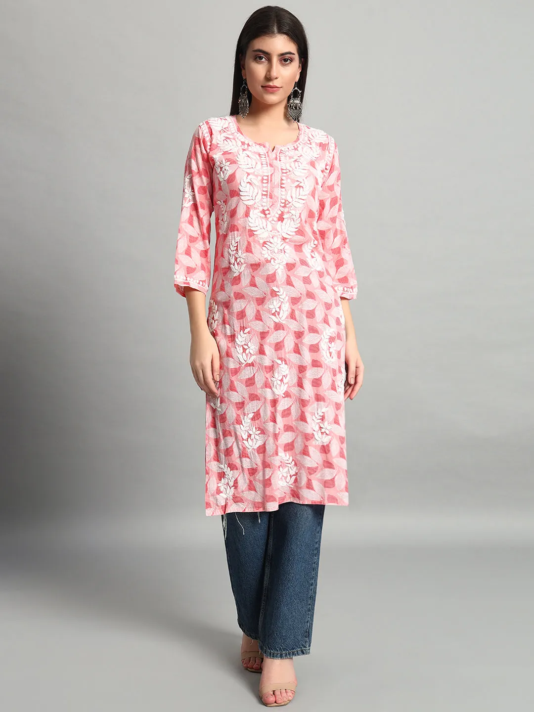 Fashionable Chikan Handikraft Chikankari Kurta for Women Cotton Printed & Embroidered Straight Kurti