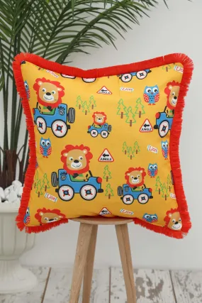 Festive Animal & Floral Pattern Pillow Cover with Fringe, Colorful Cushion for Cozy Home Decor, Playful Kids Throw Pillow Cover,K-407