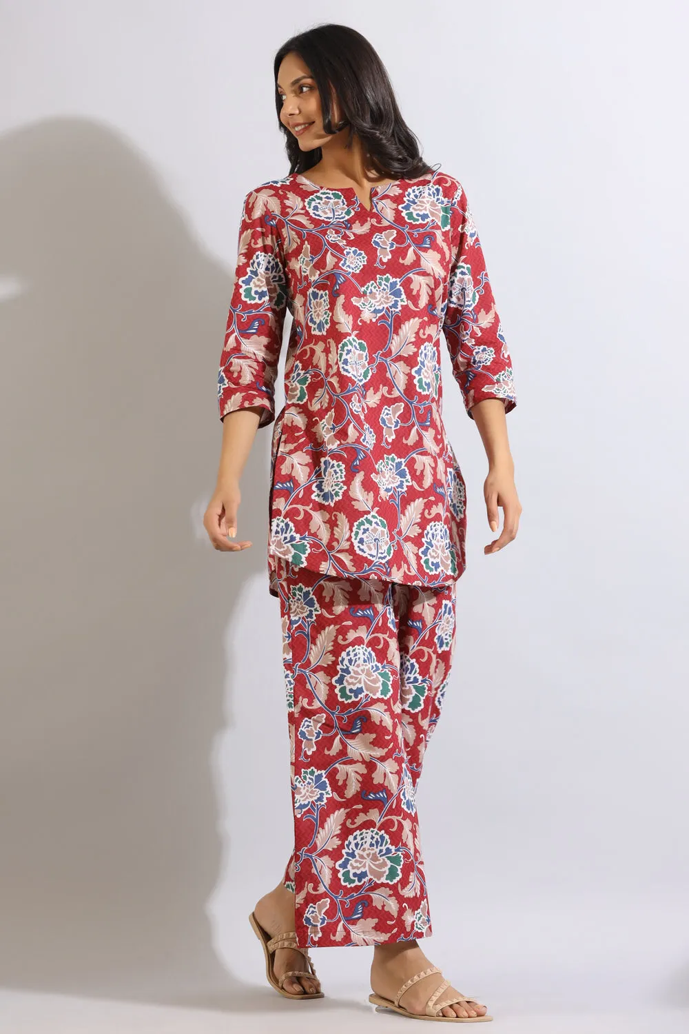 Floral Jaal on Cotton Red Lounge Set