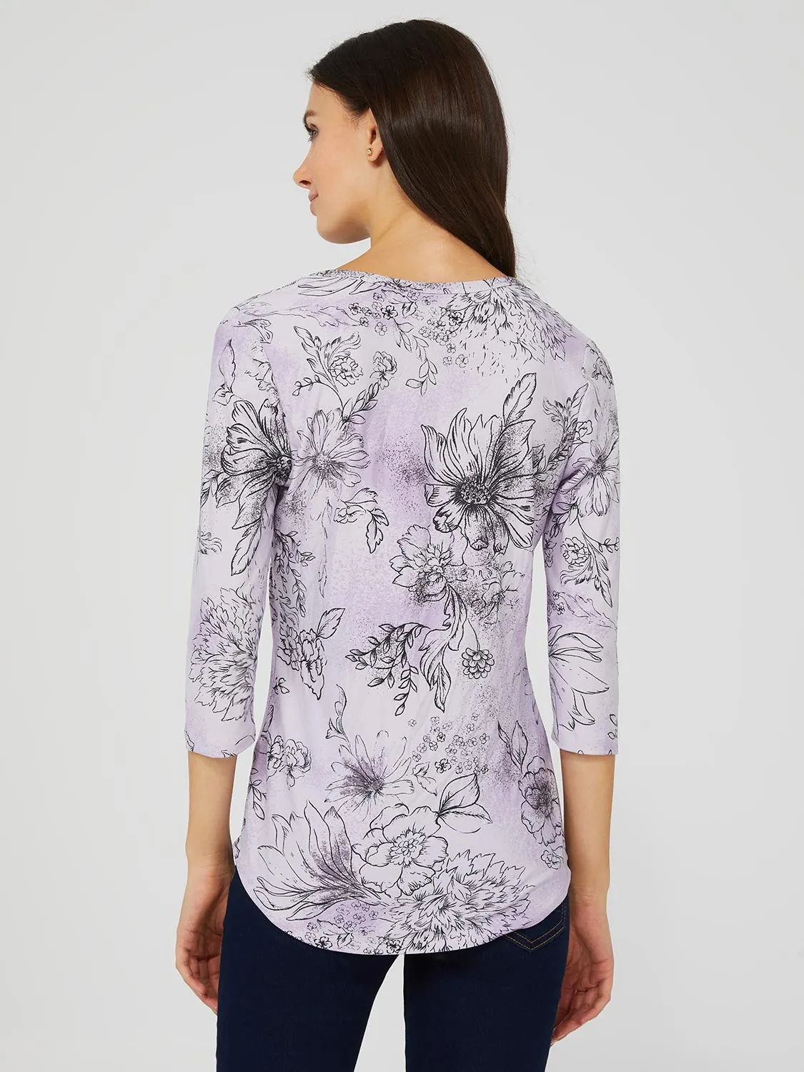 Floral Print 3/4 Sleeve V-Neck Top