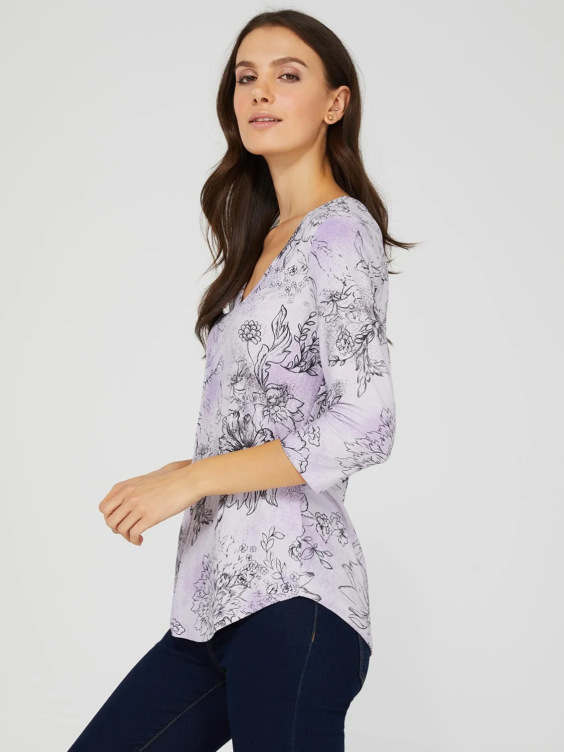 Floral Print 3/4 Sleeve V-Neck Top