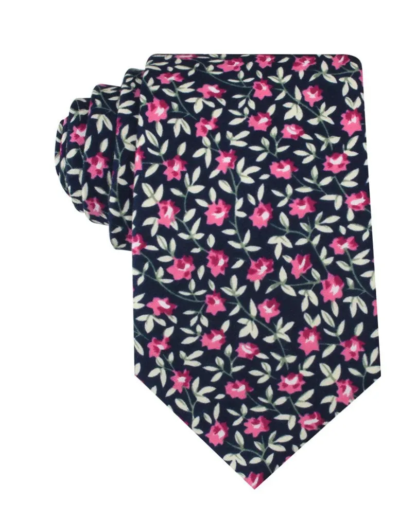 Floral Tie - Navy with Pink & Green