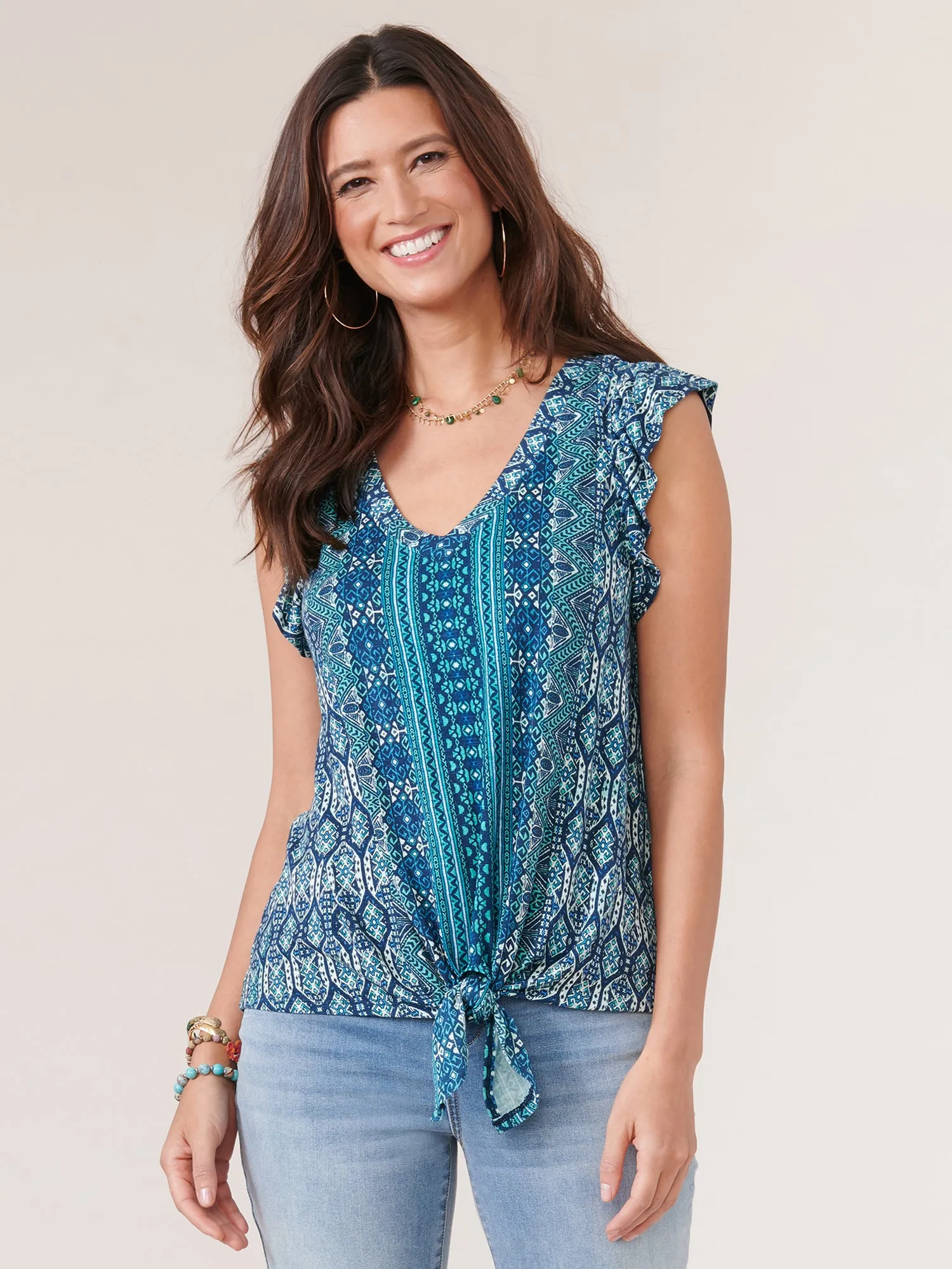 Flutter Cap Sleeve V Neck Tie Front Printed Knit Top