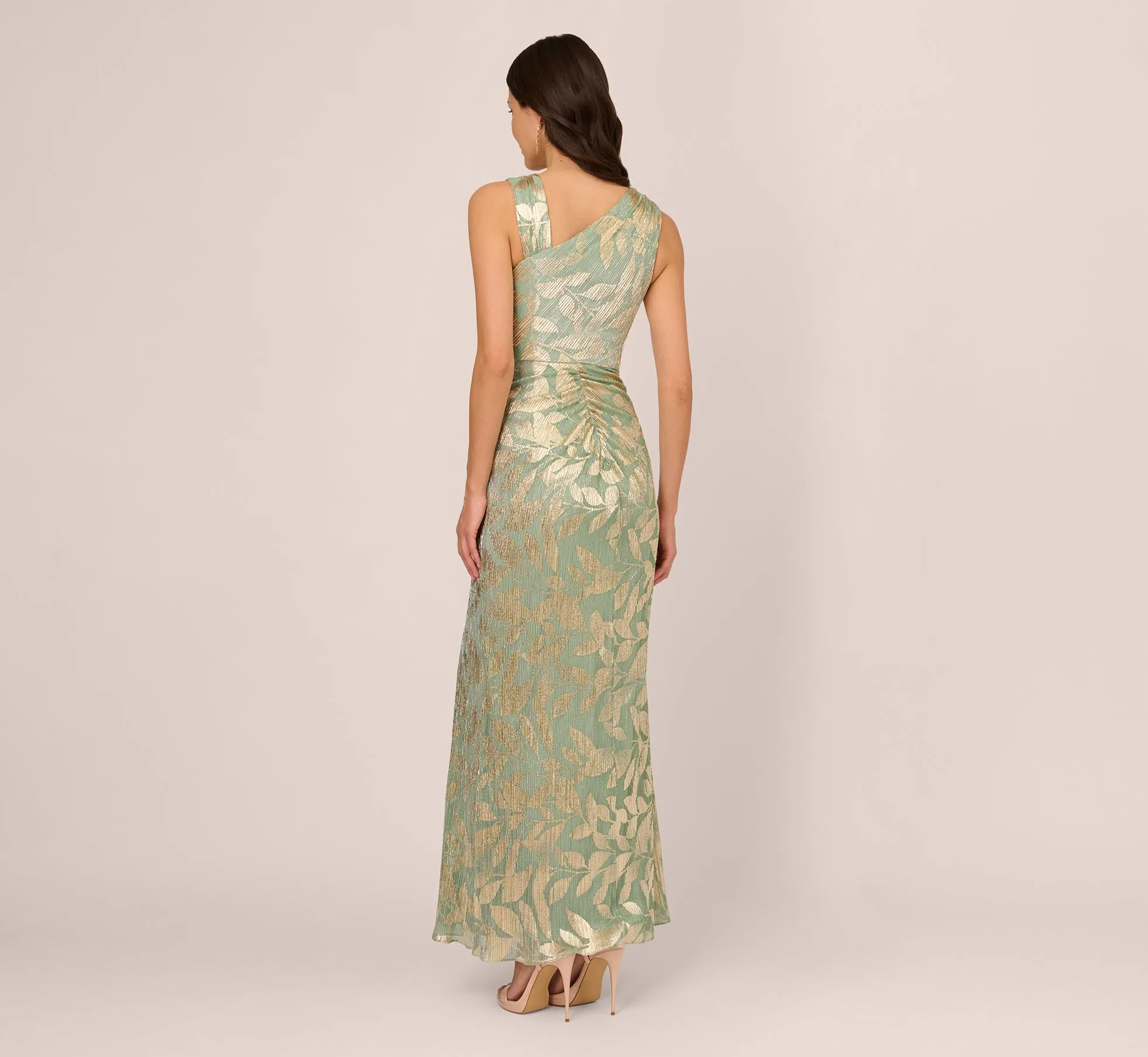 Foil Printed Asymmetric Gown With Ruffled Detail In Sage Gold