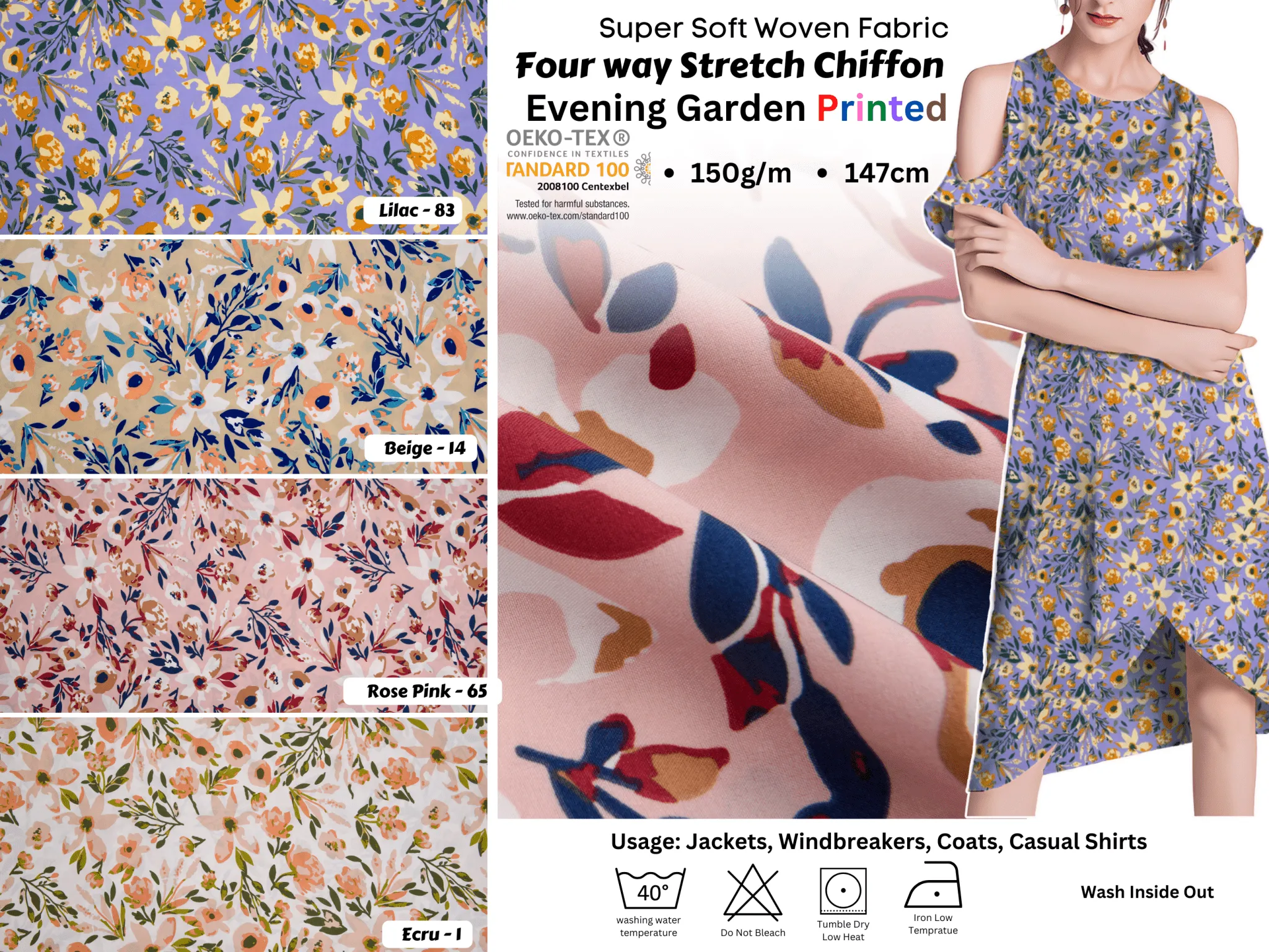 Four way Stretch Chiffon Evening Garden Printed