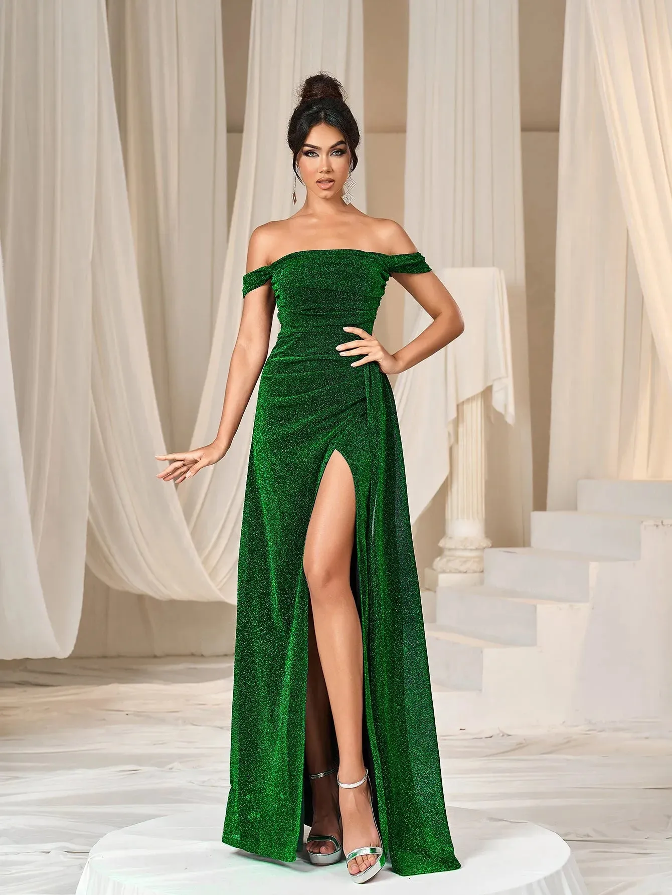 Glitter Off Shoulder Draped Side Split Thigh Formal Evening Dress