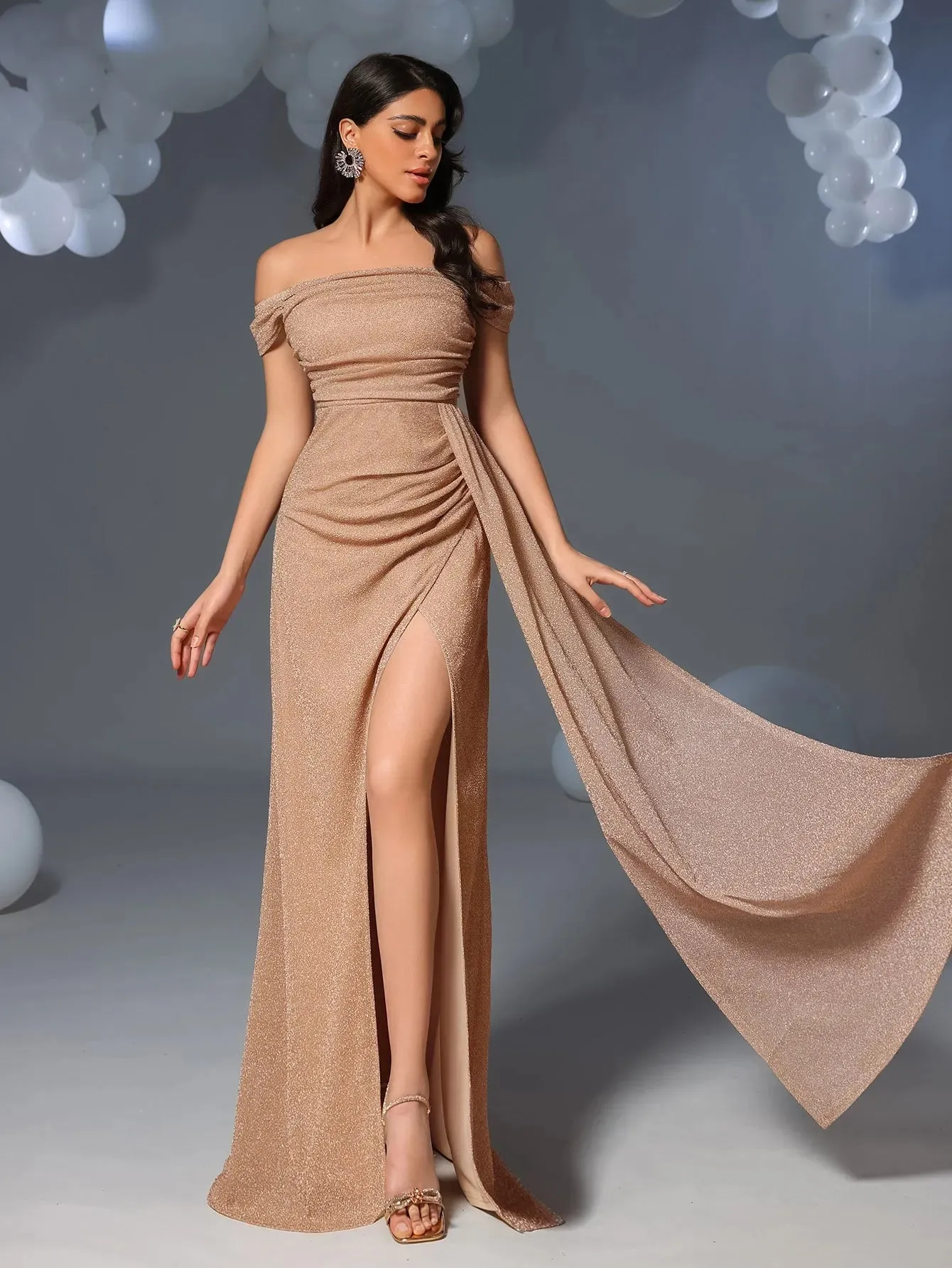 Glitter Off Shoulder Draped Side Split Thigh Formal Evening Dress