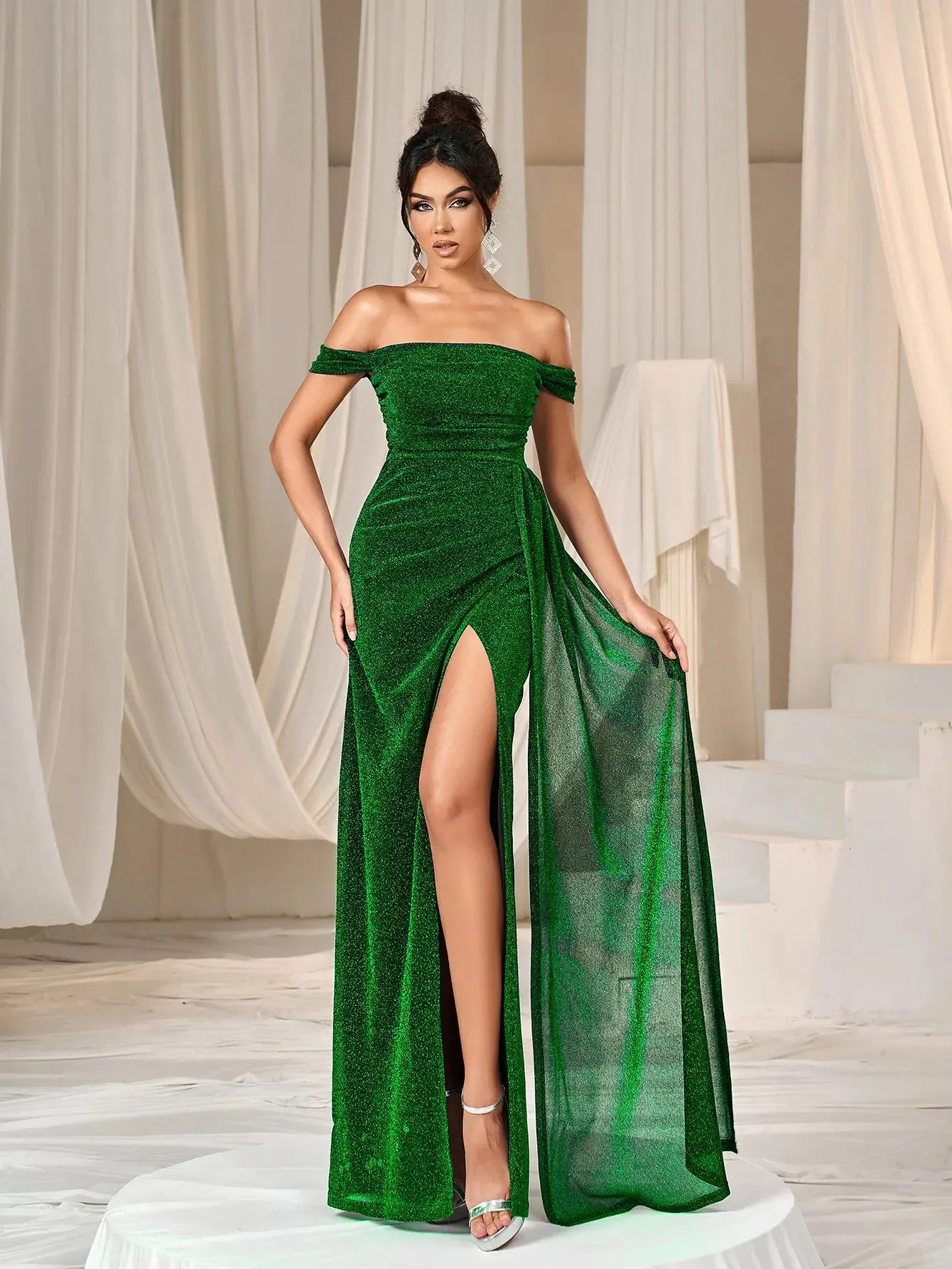 Glitter Off Shoulder Draped Side Split Thigh Formal Evening Dress