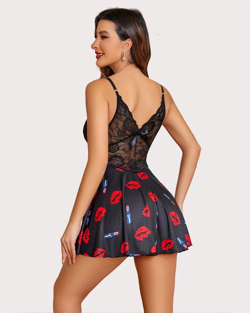 Heart Print Lace Full Slip Dress