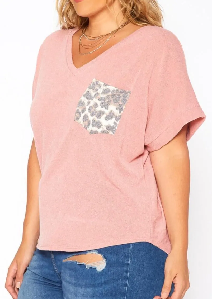 Hi Curvy Plus Size Leopard Pocket Hem V Neck Shirt