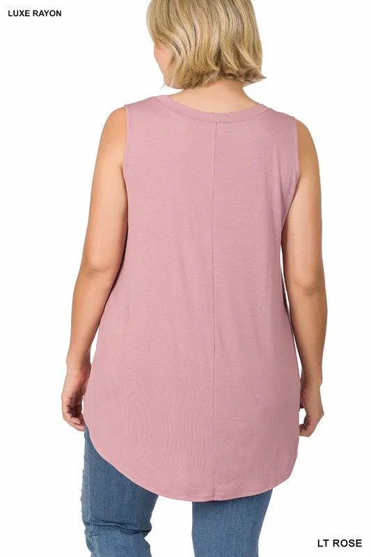 HI Curvy Plus Size Women Luxe Rayon Sleeveless V-Neck Hi-Low Hem Top