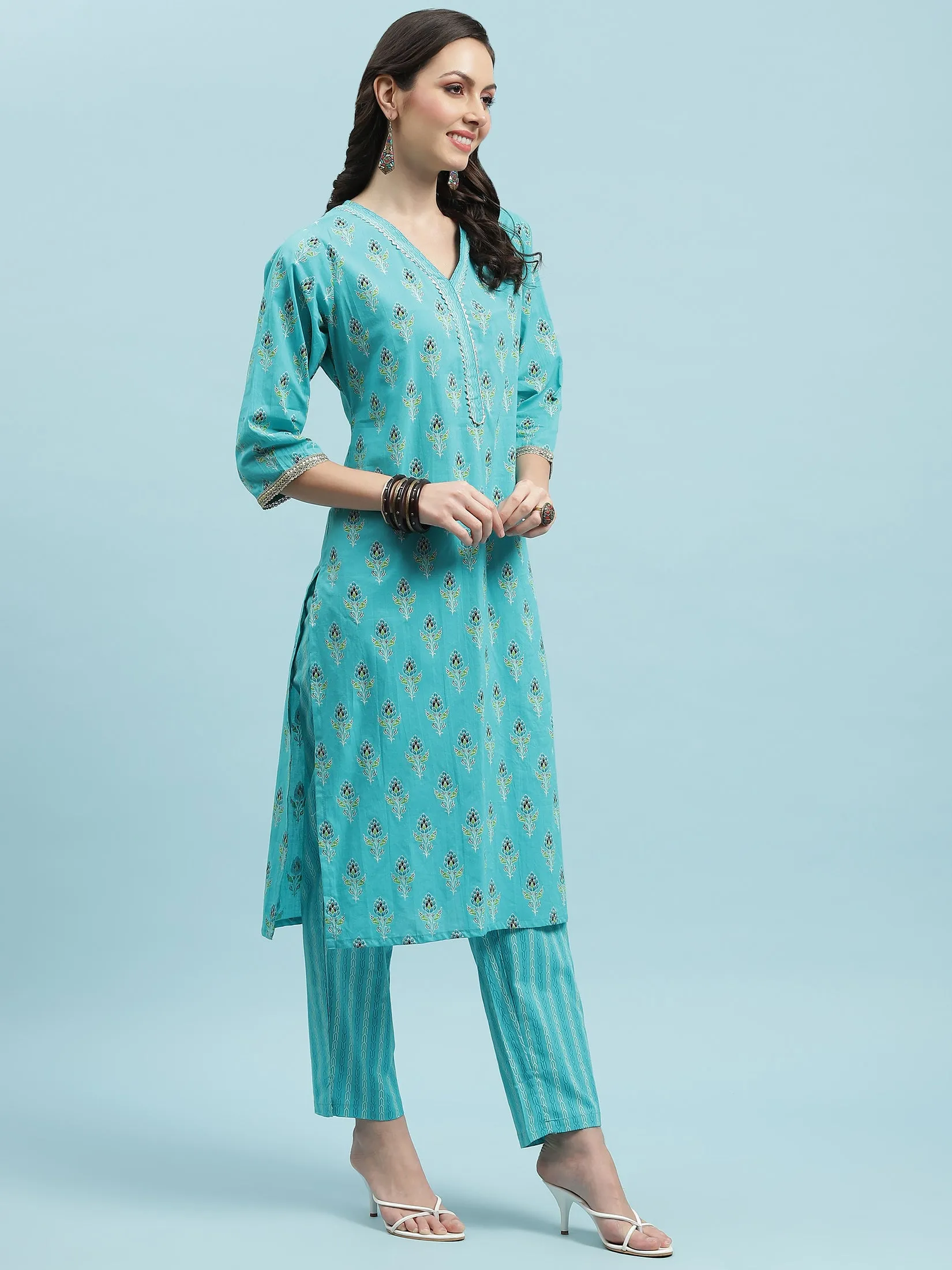 Indiessence Turquoise Blue Floral Print Kurta Trouser Dupatta