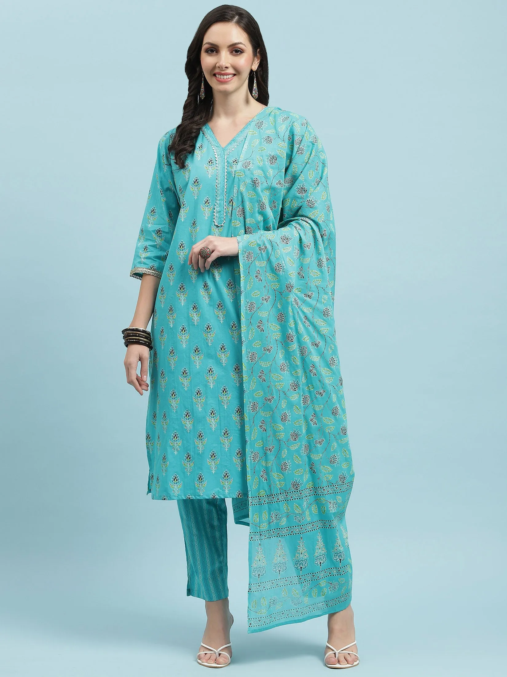 Indiessence Turquoise Blue Floral Print Kurta Trouser Dupatta