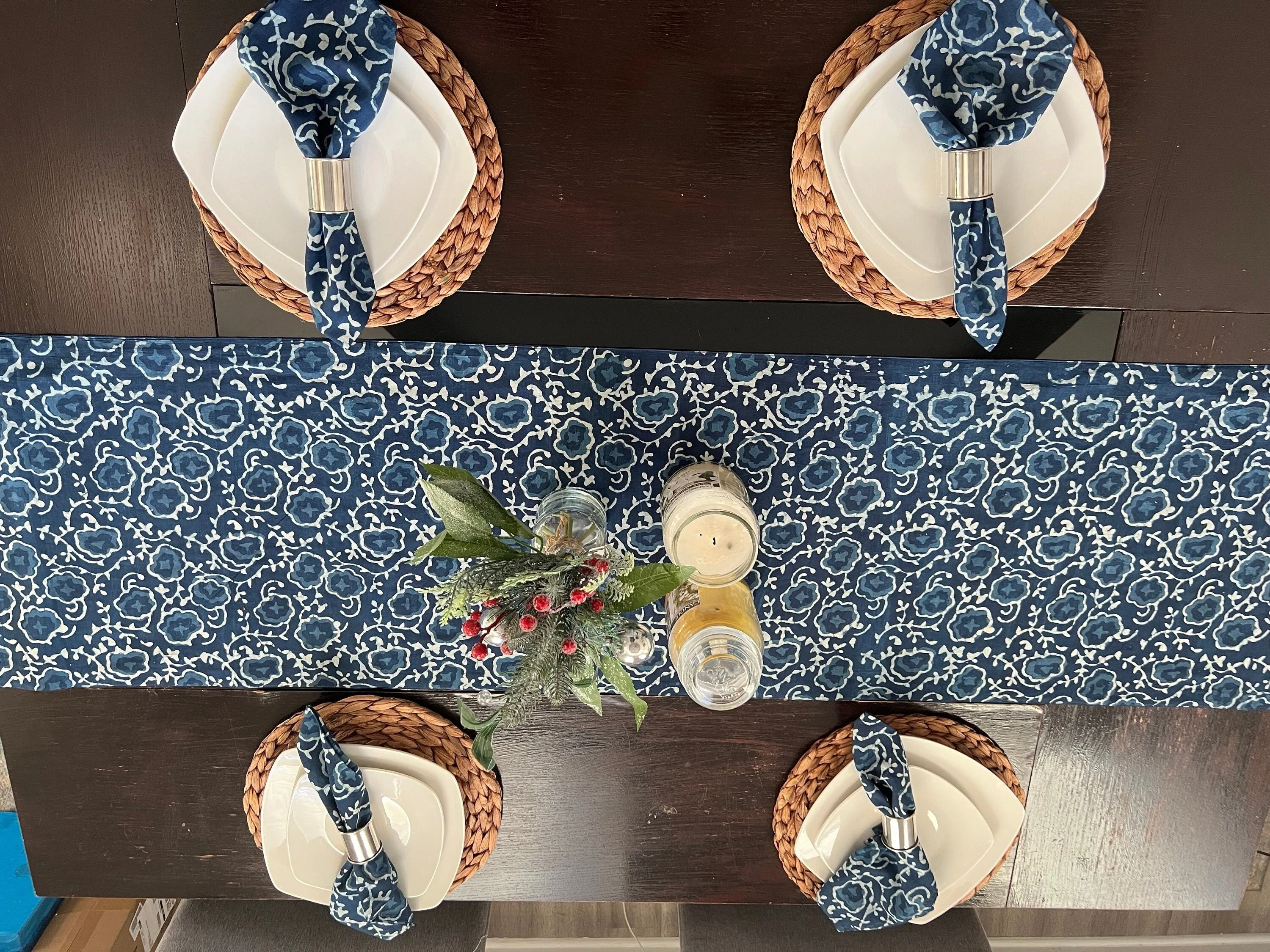 Indigo blue block print table Runner, Hand Block Floral Print napkins set, Dining Table  Decor, Handmade gifts for home