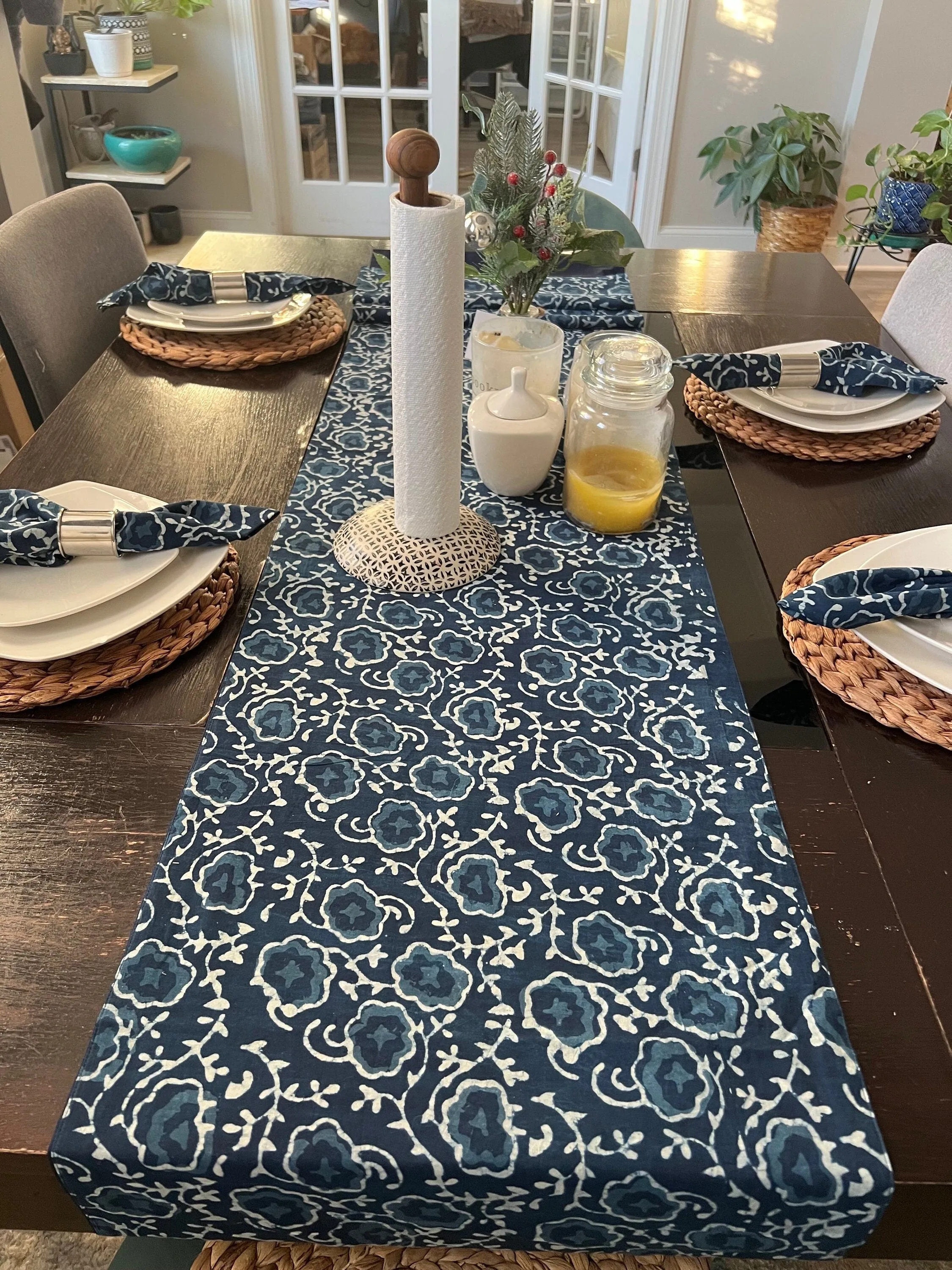 Indigo blue block print table Runner, Hand Block Floral Print napkins set, Dining Table  Decor, Handmade gifts for home