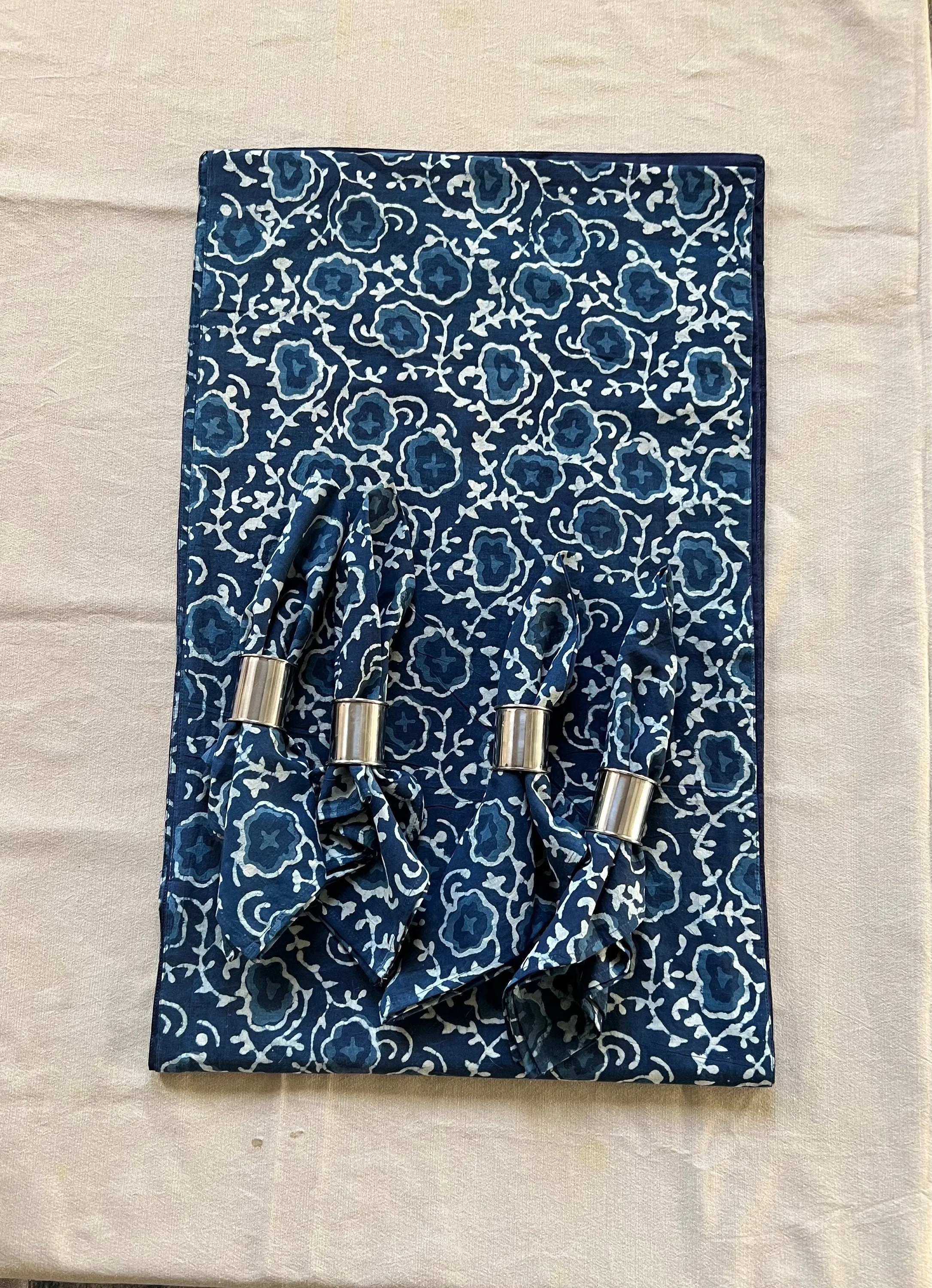 Indigo blue block print table Runner, Hand Block Floral Print napkins set, Dining Table  Decor, Handmade gifts for home