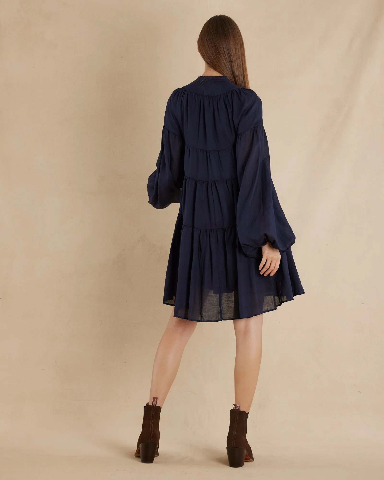 Isabelle Ramie Tiered Mini Dress - Navy