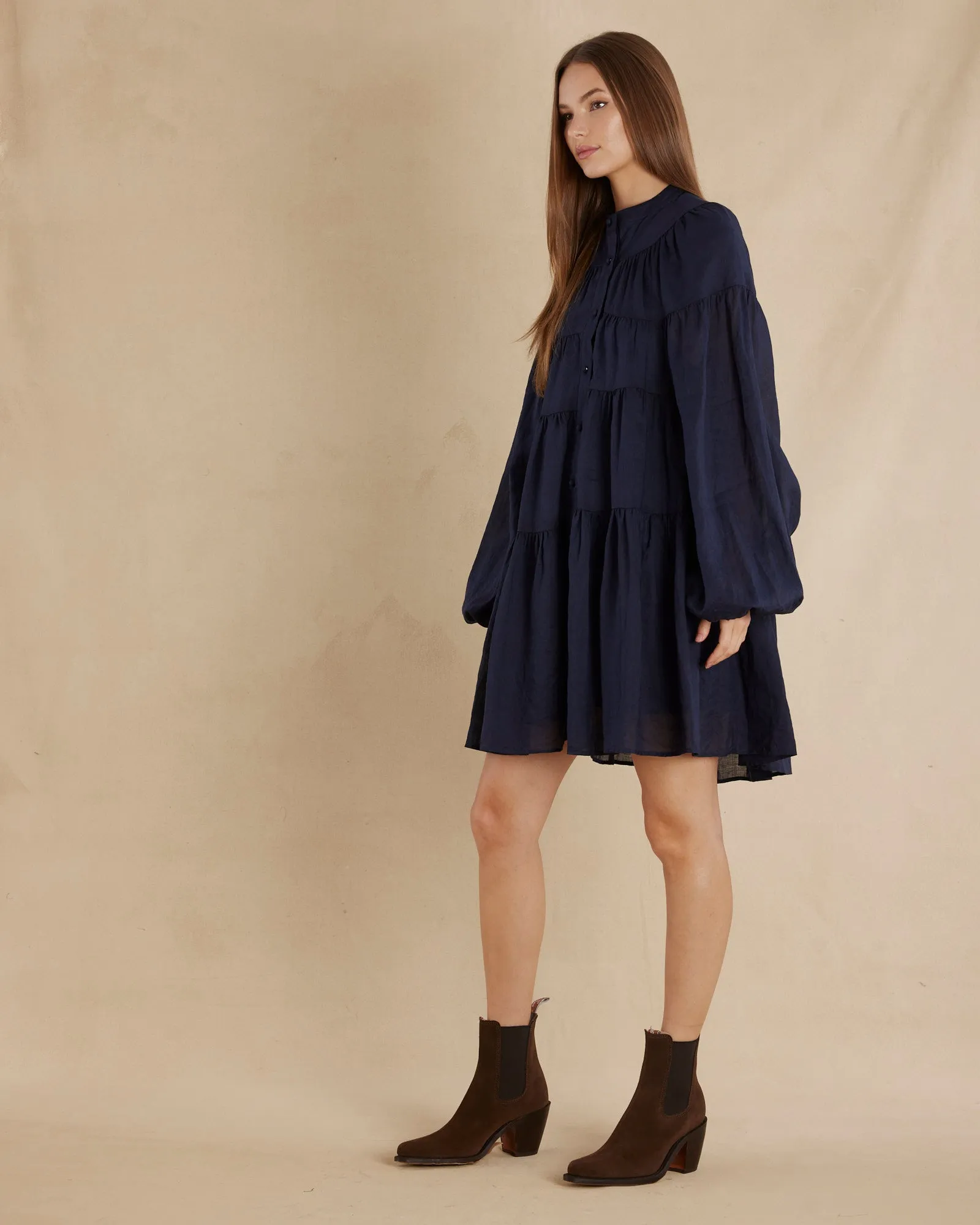 Isabelle Ramie Tiered Mini Dress - Navy