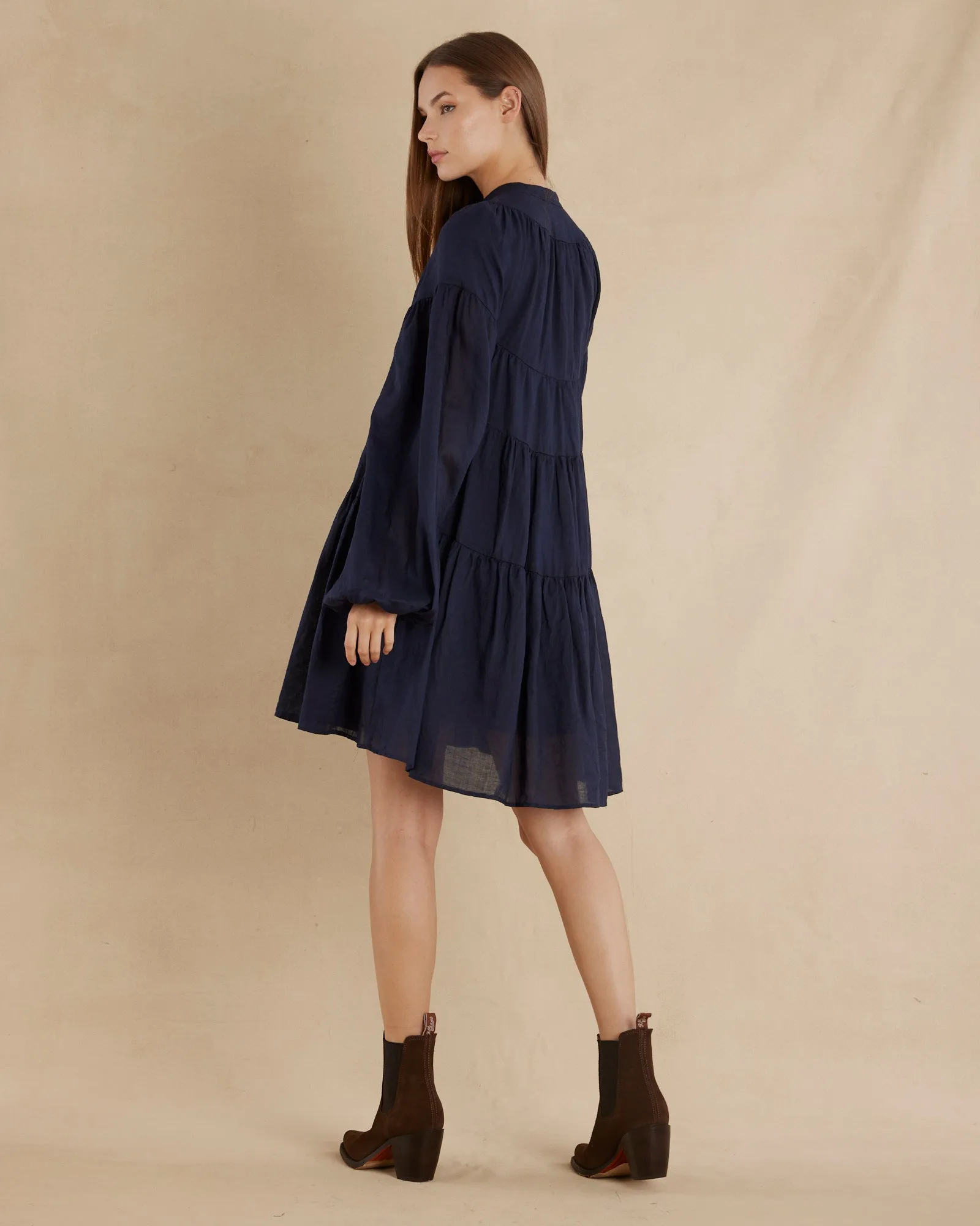 Isabelle Ramie Tiered Mini Dress - Navy