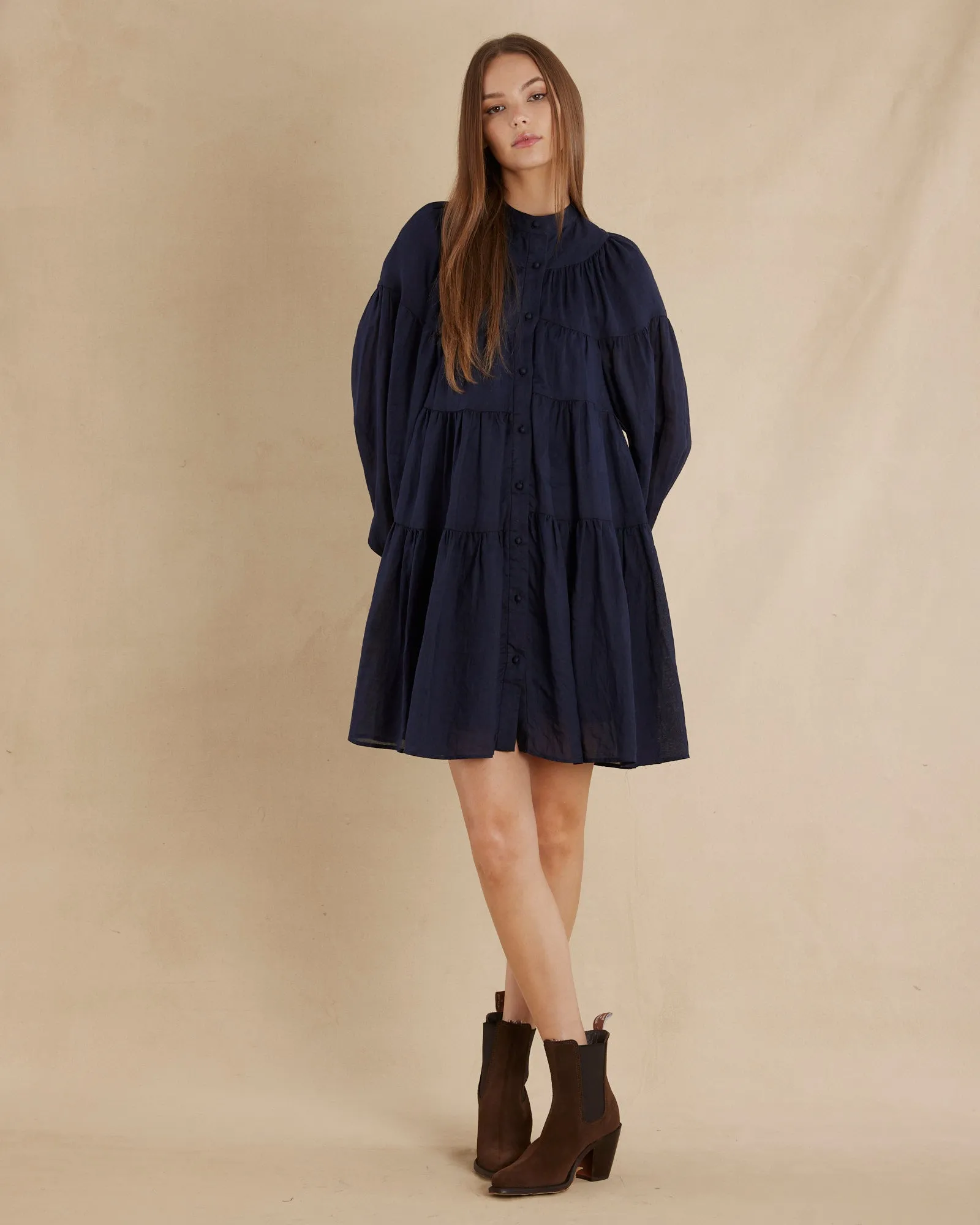 Isabelle Ramie Tiered Mini Dress - Navy