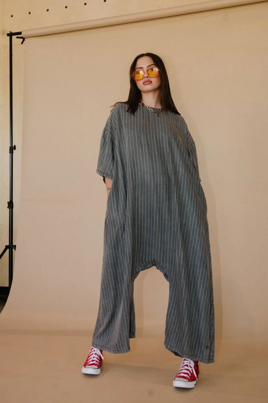 IYKYK Ultra Harem Jumpsuit in Tencel Pinstripe