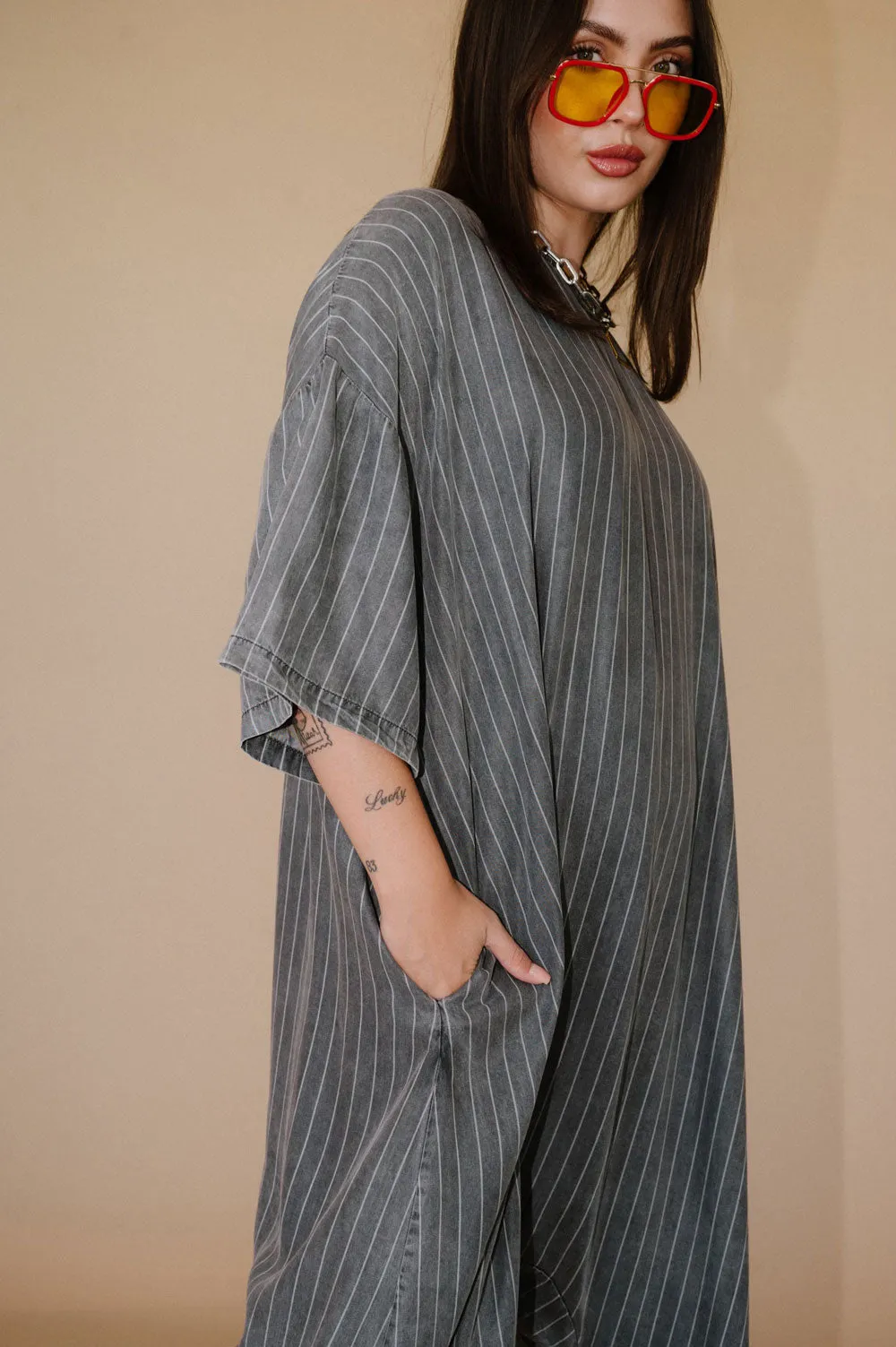 IYKYK Ultra Harem Jumpsuit in Tencel Pinstripe