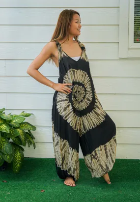 J55- Black and White Tie Dye Hippie Racerback Jumpsuit Romper