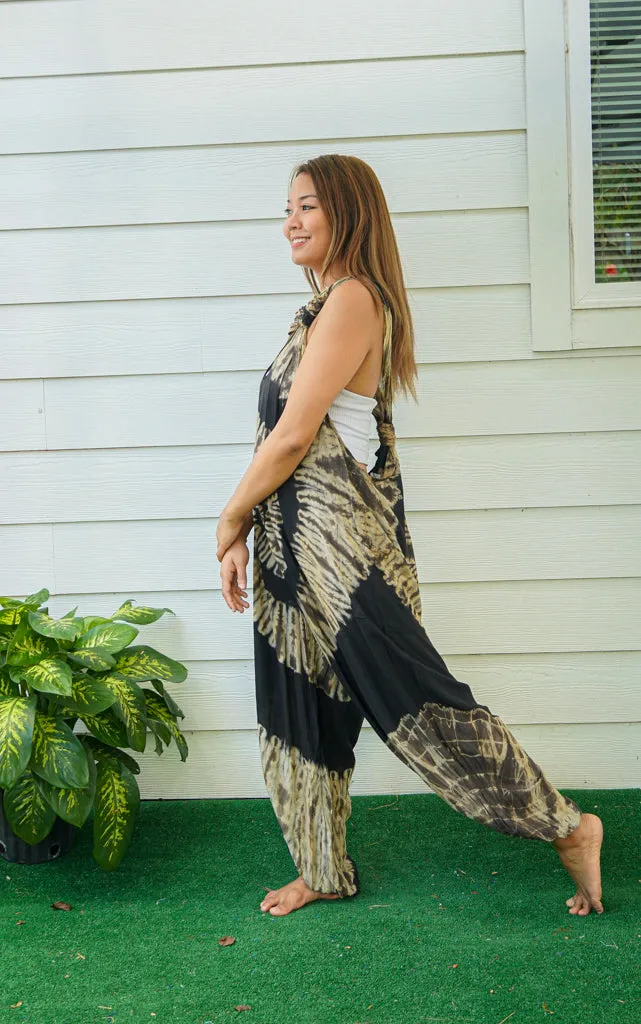 J55- Black and White Tie Dye Hippie Racerback Jumpsuit Romper