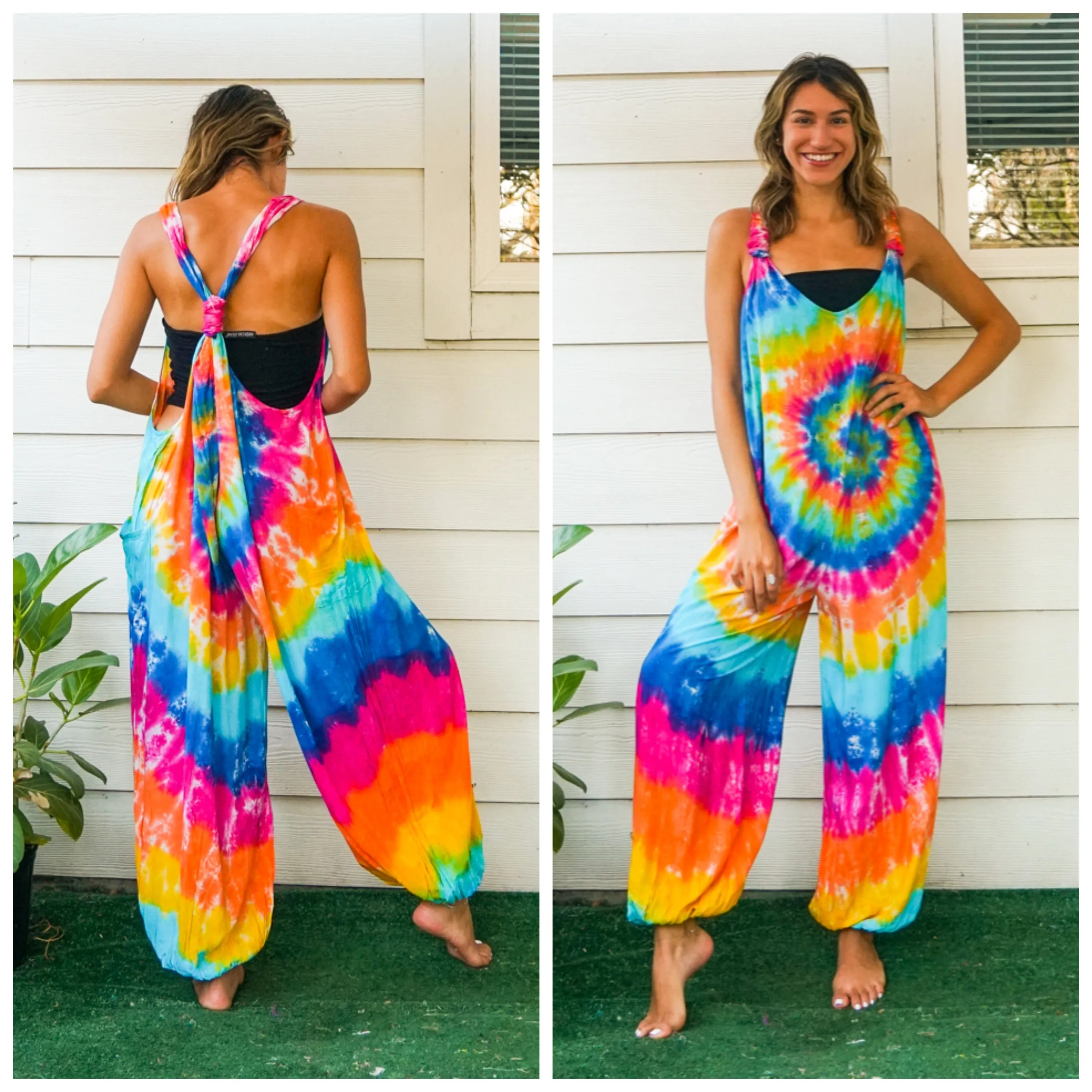 J5967- Hand Dyed Hippie Racerback Dungarees Jumpsuit Romper