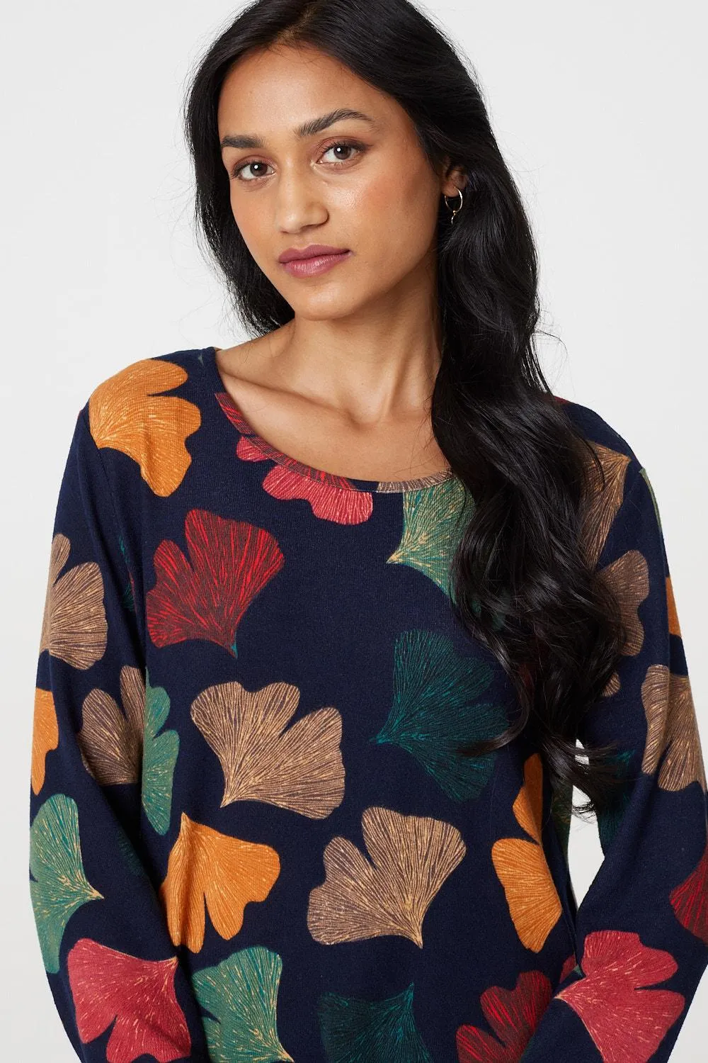 Leaf Print High Low Tunic Top